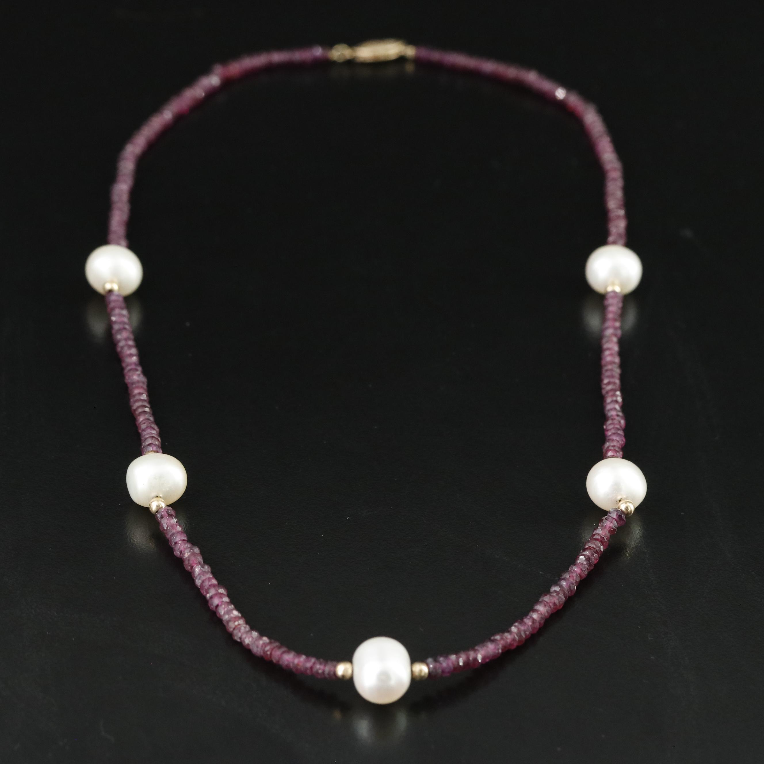 Pearl and Rhodolite Garnet  Necklace with 14K Clasp