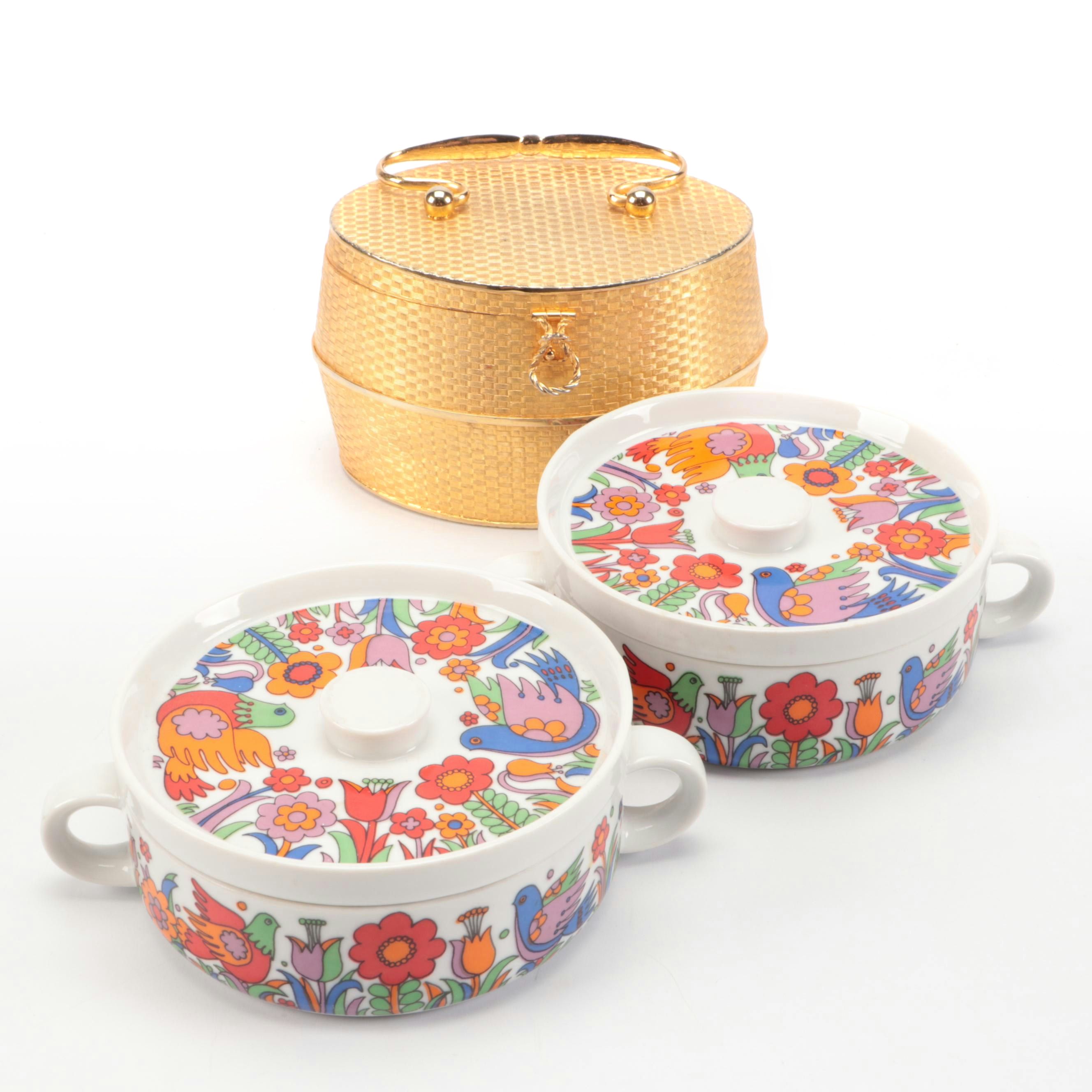 Royal Crown "Paradise" Porcelain Bakeware with Gilt Basketweave Jewelry Box