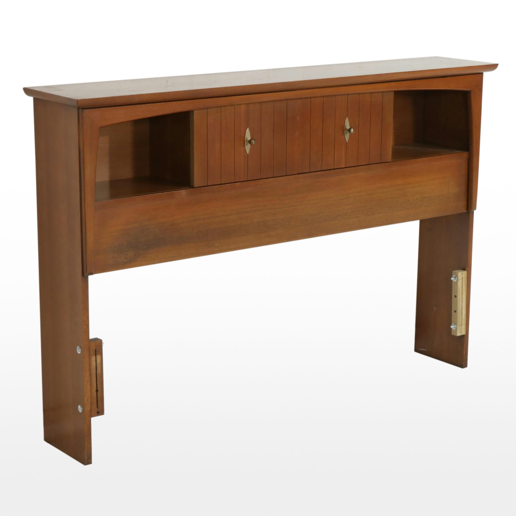 Mid Century Modern Walnut Full Size Bookshelf Headboard with Sliding Doors