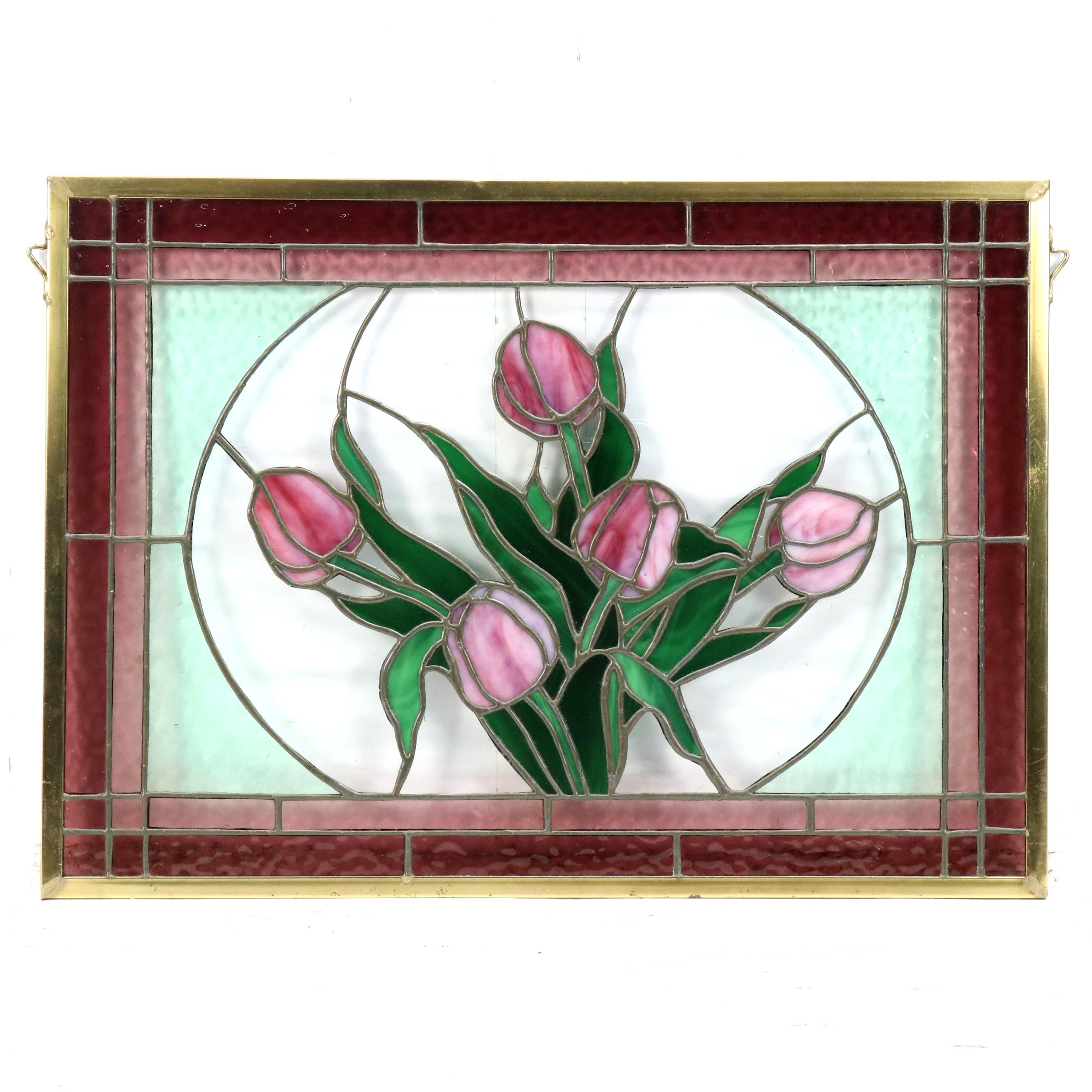 Floral Stained Glass Panel with Pink Tulips