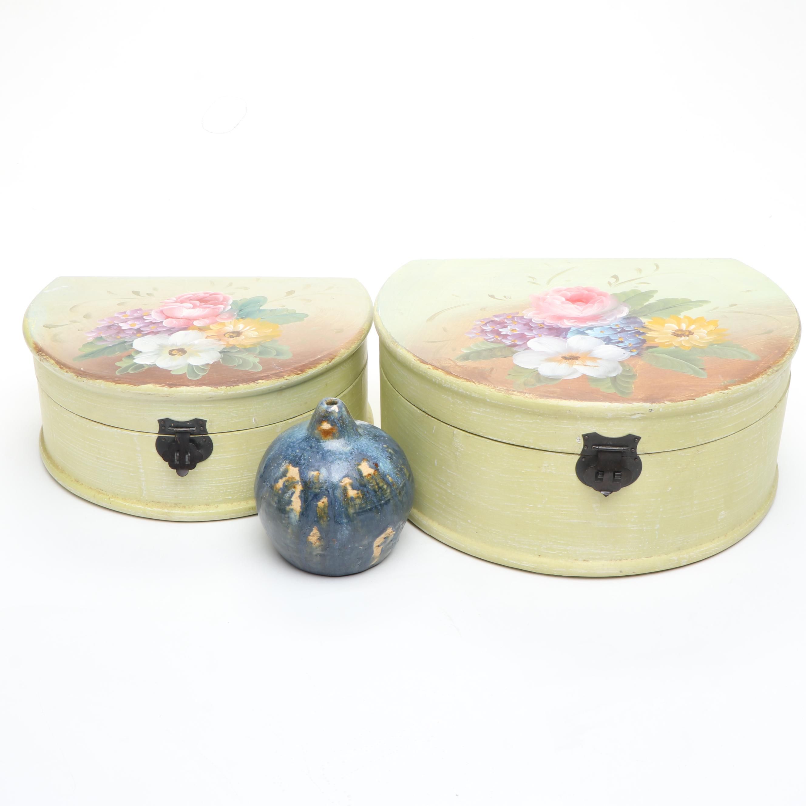 Painted Wood Boxes with Art Pottery Vase
