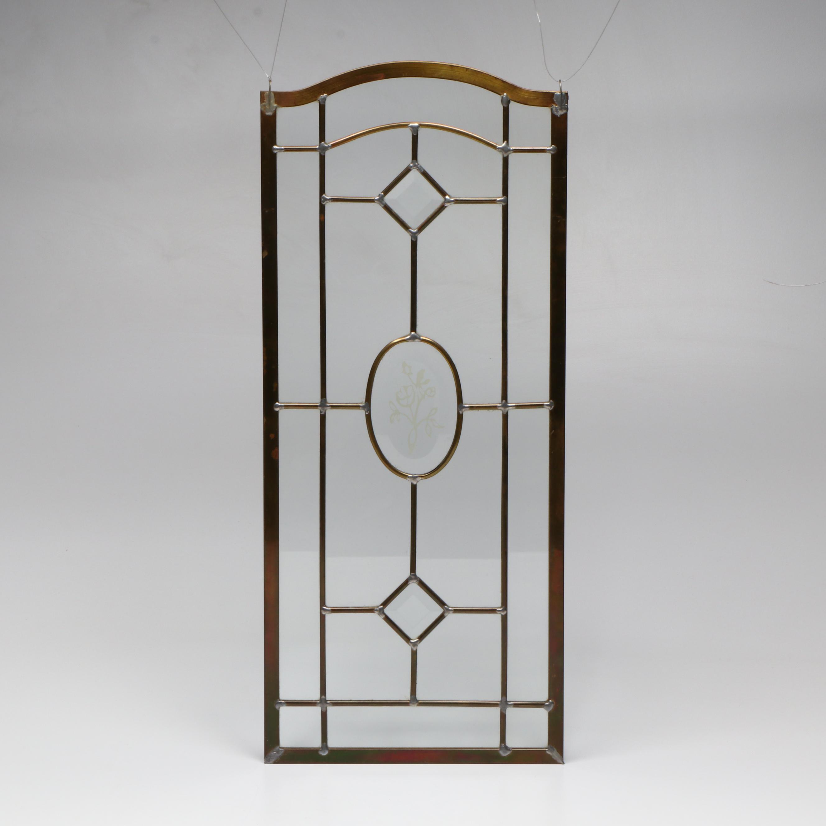 Leaded Glass Panel with Etched Floral Motif and Beveled Centerpieces