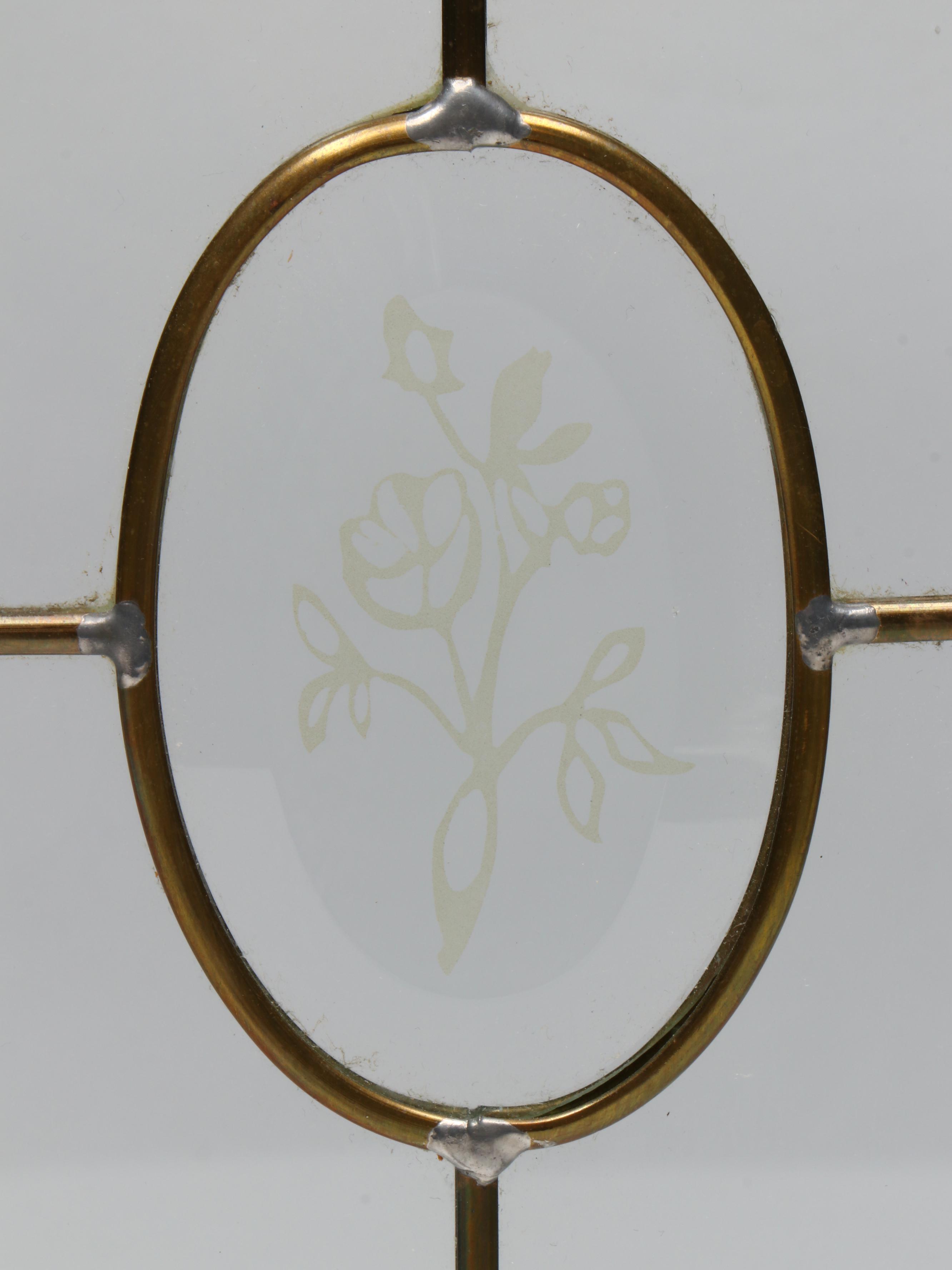 Leaded Glass Panel with Etched Floral Motif and Beveled Centerpieces