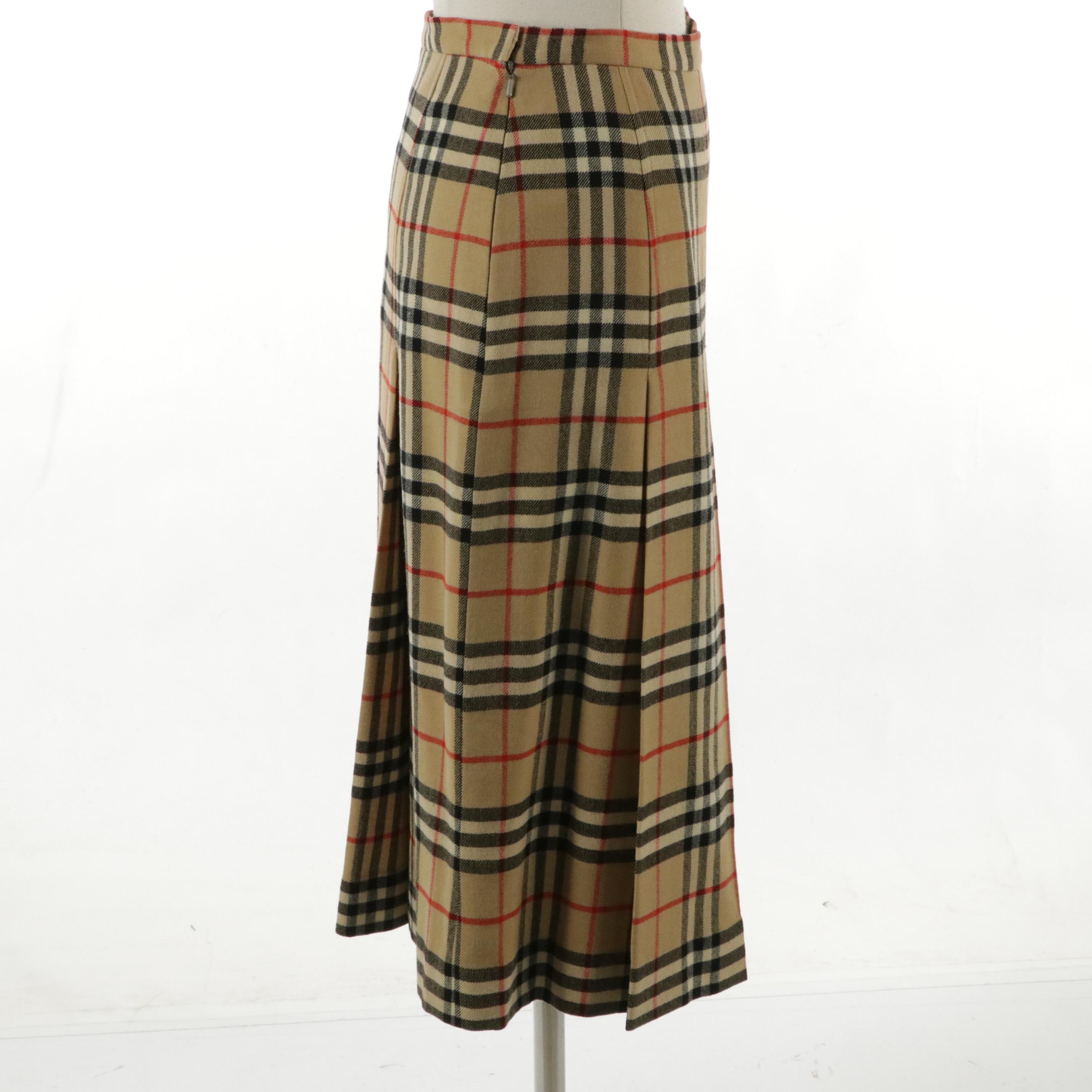 Burberrys Nova Check Wool Pleat Panel Skirt