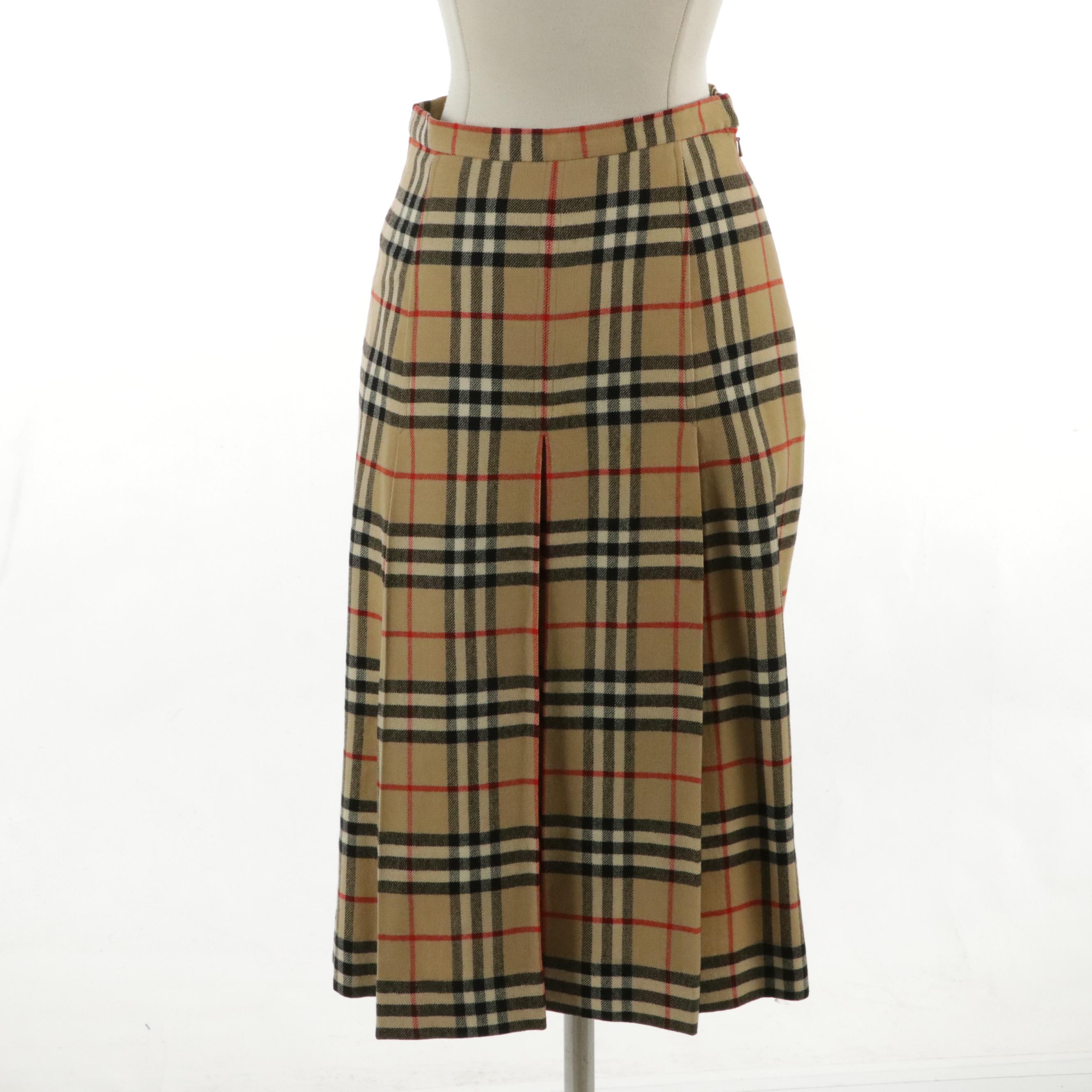 Burberrys Nova Check Wool Pleat Panel Skirt