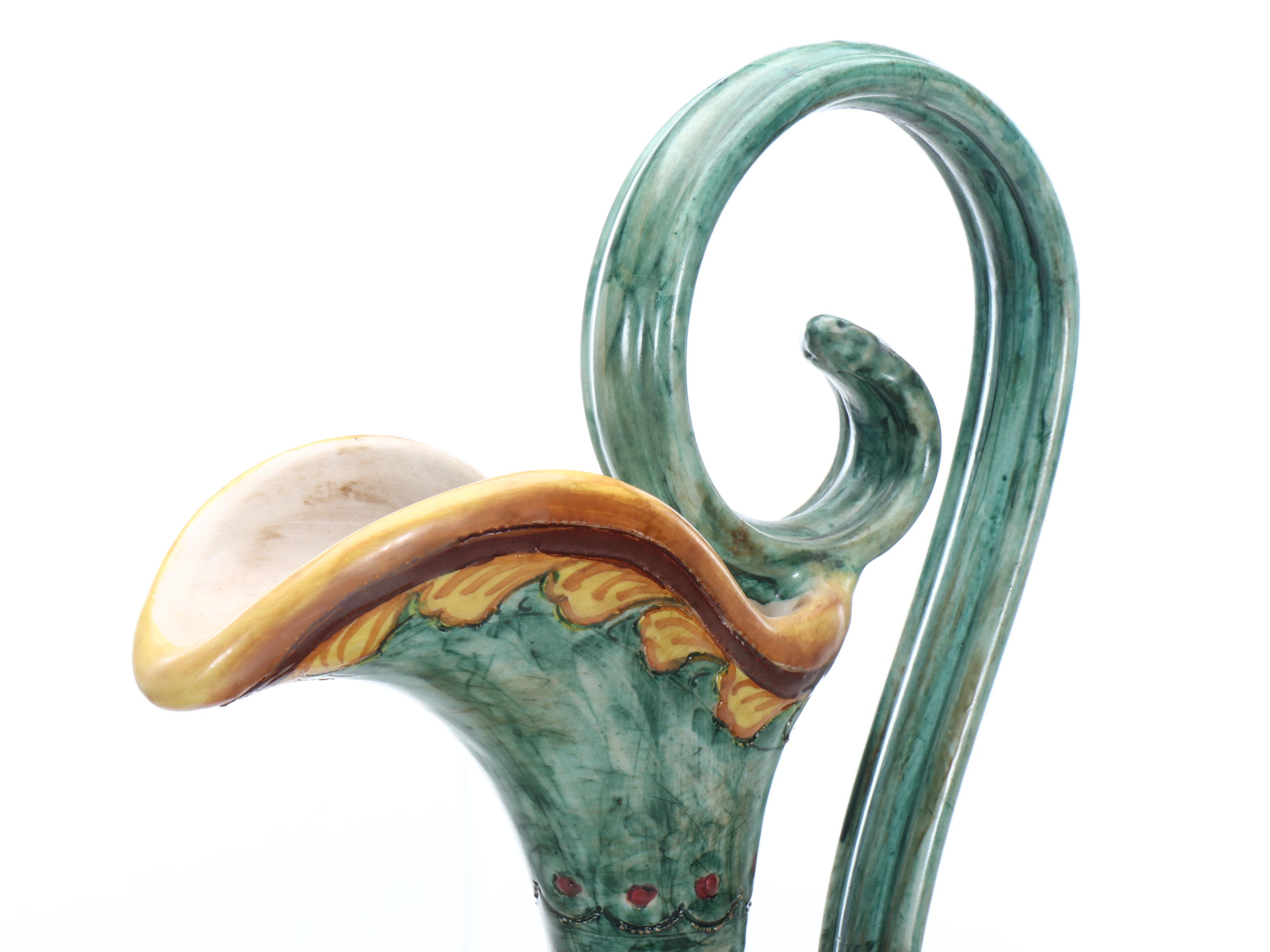 Pair of Deruta Pottery Majolica Ewers on Wood Base