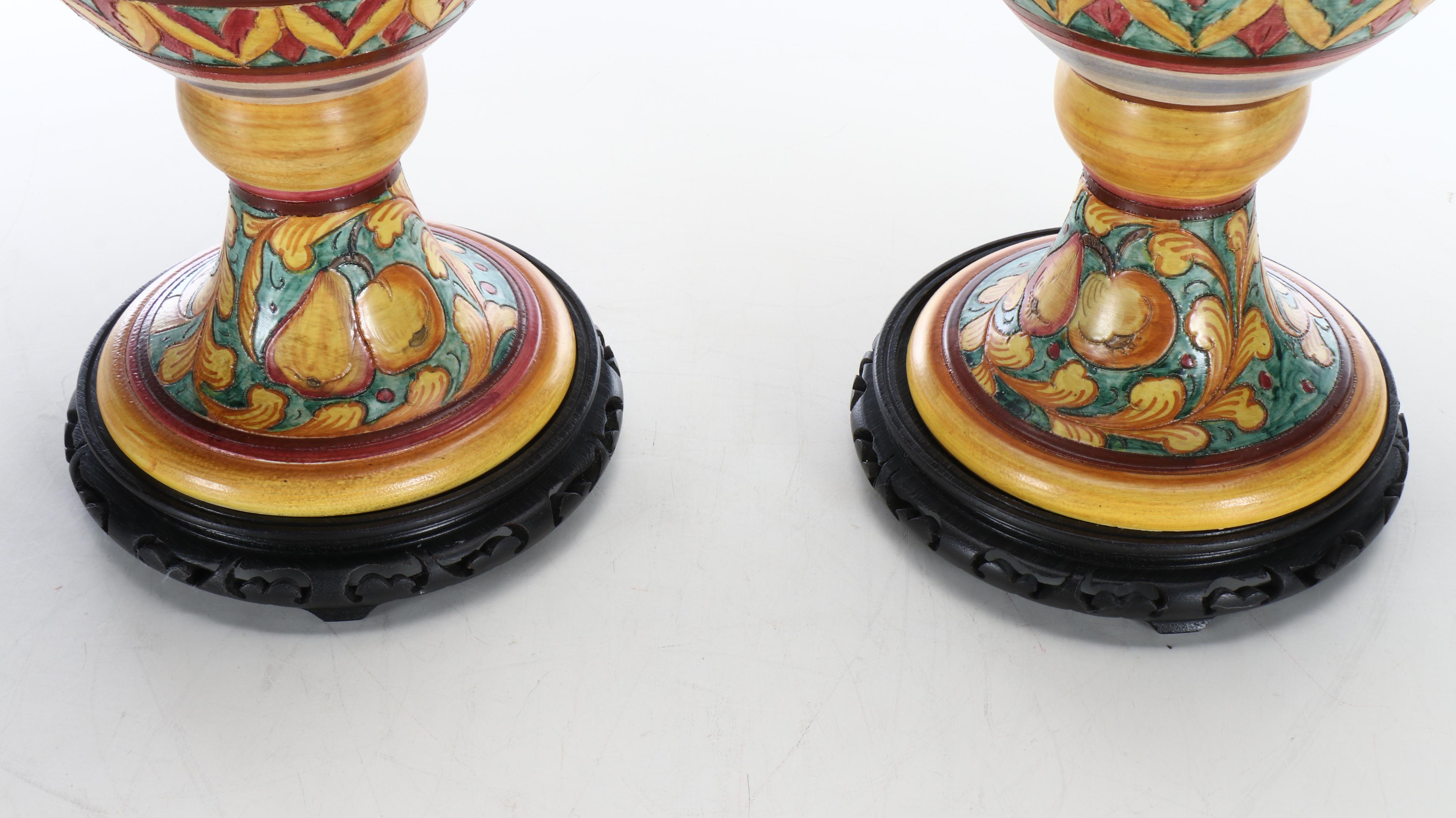 Pair of Deruta Pottery Majolica Ewers on Wood Base