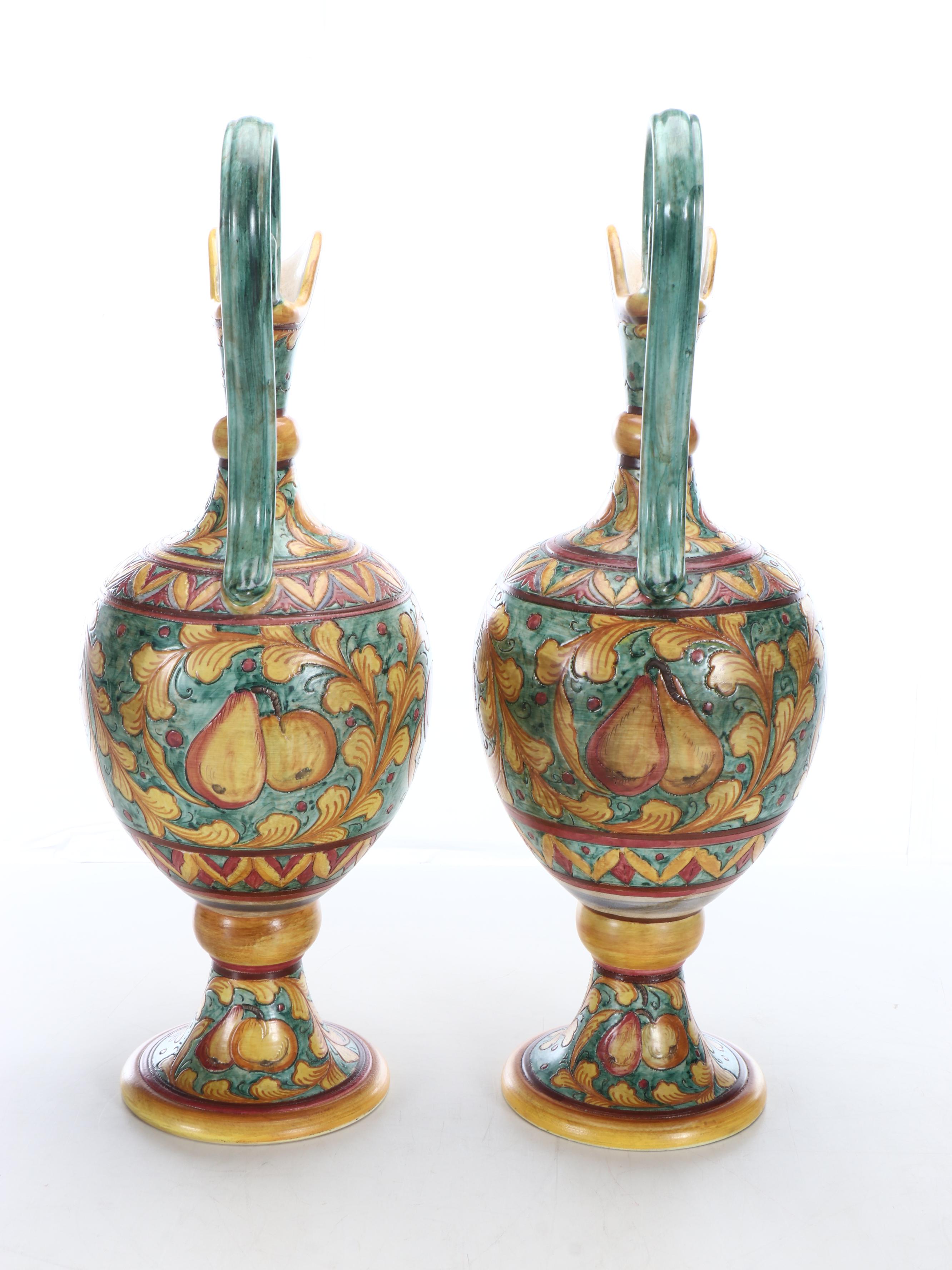 Pair of Deruta Pottery Majolica Ewers on Wood Base
