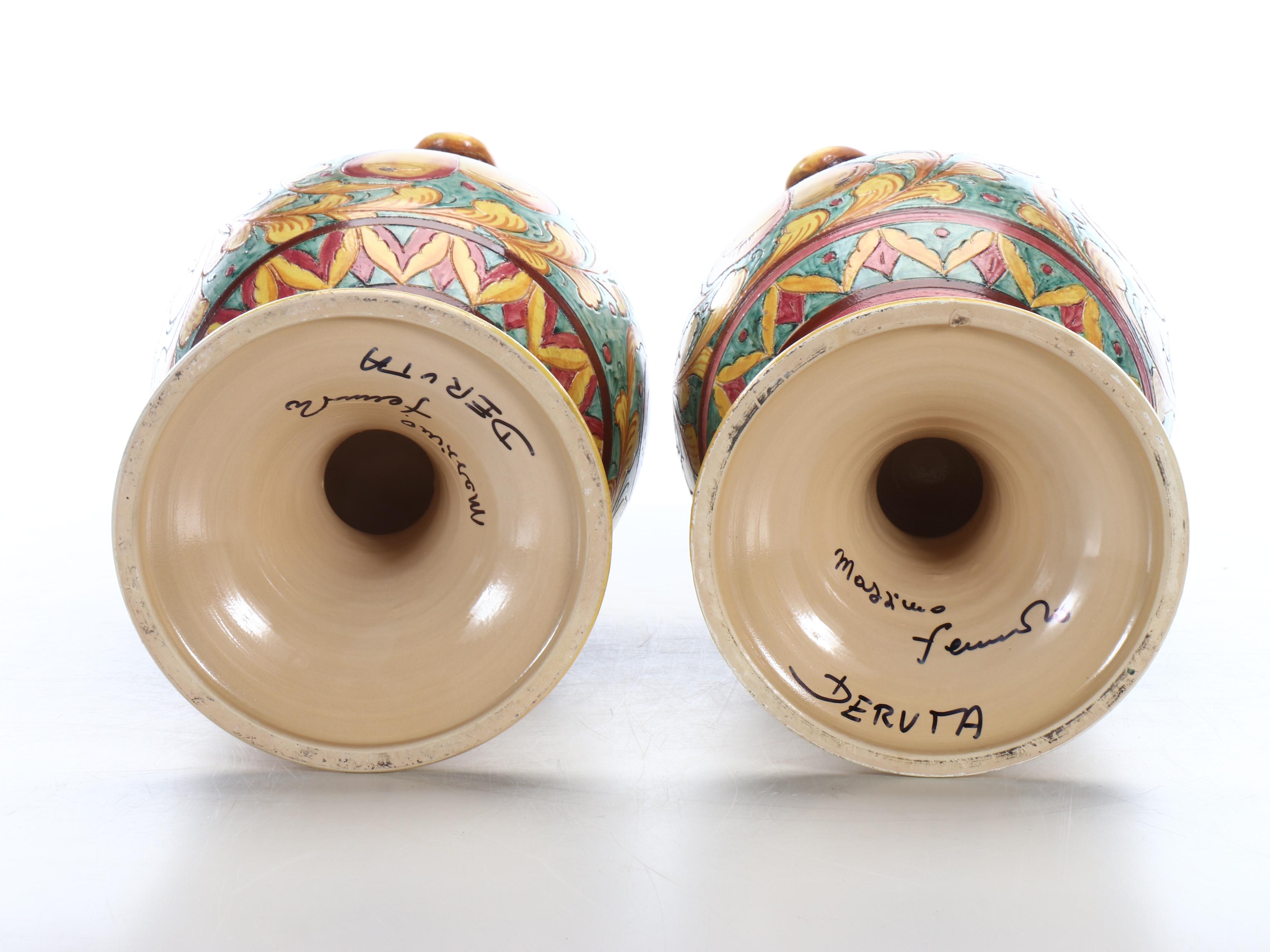Pair of Deruta Pottery Majolica Ewers on Wood Base