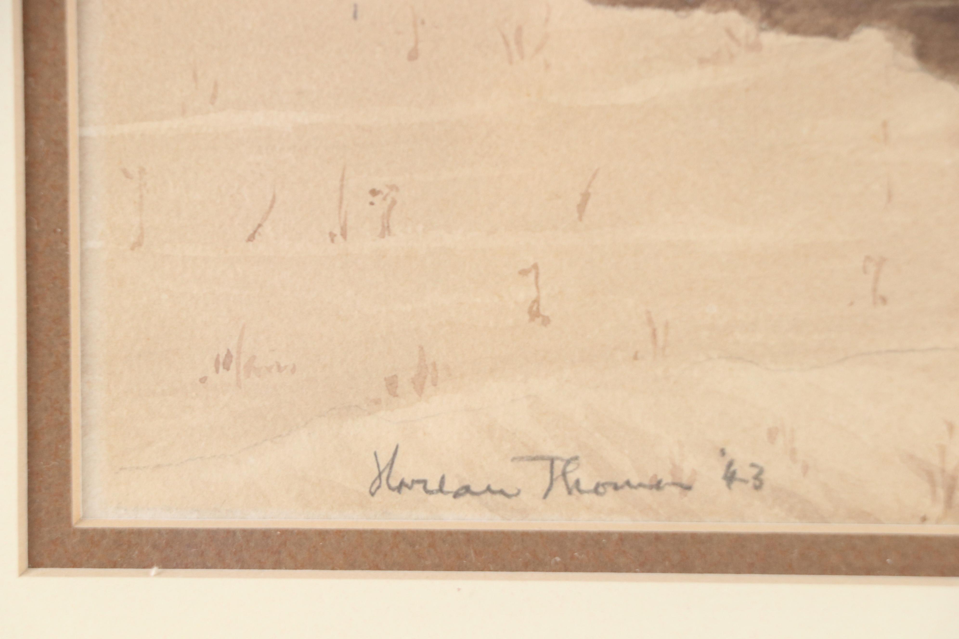 Harlan Thomas Landscape Watercolor Painting of River Bend, 1943