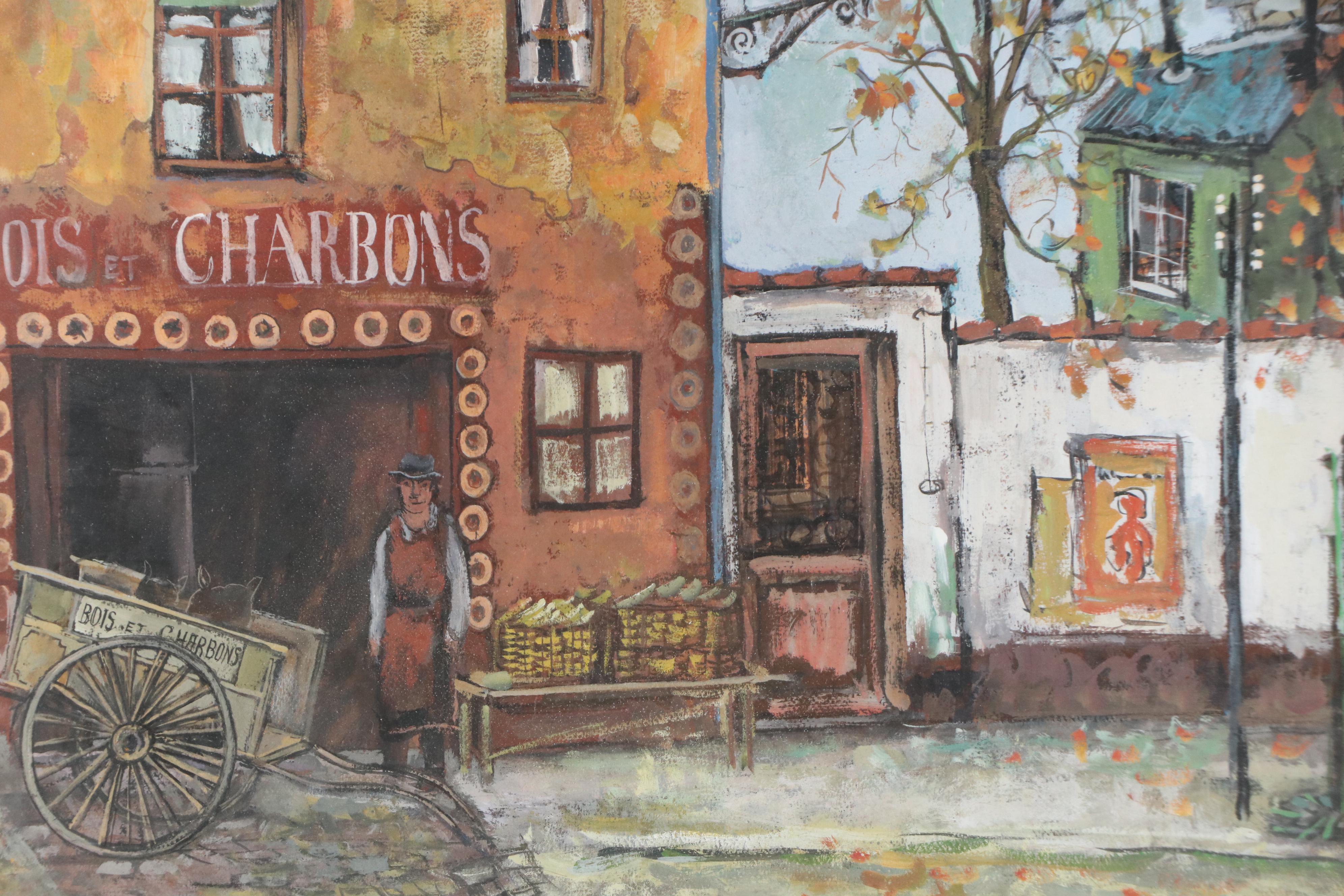 Jacques Fabres Cityscape Gouache Painting of Rural French Street