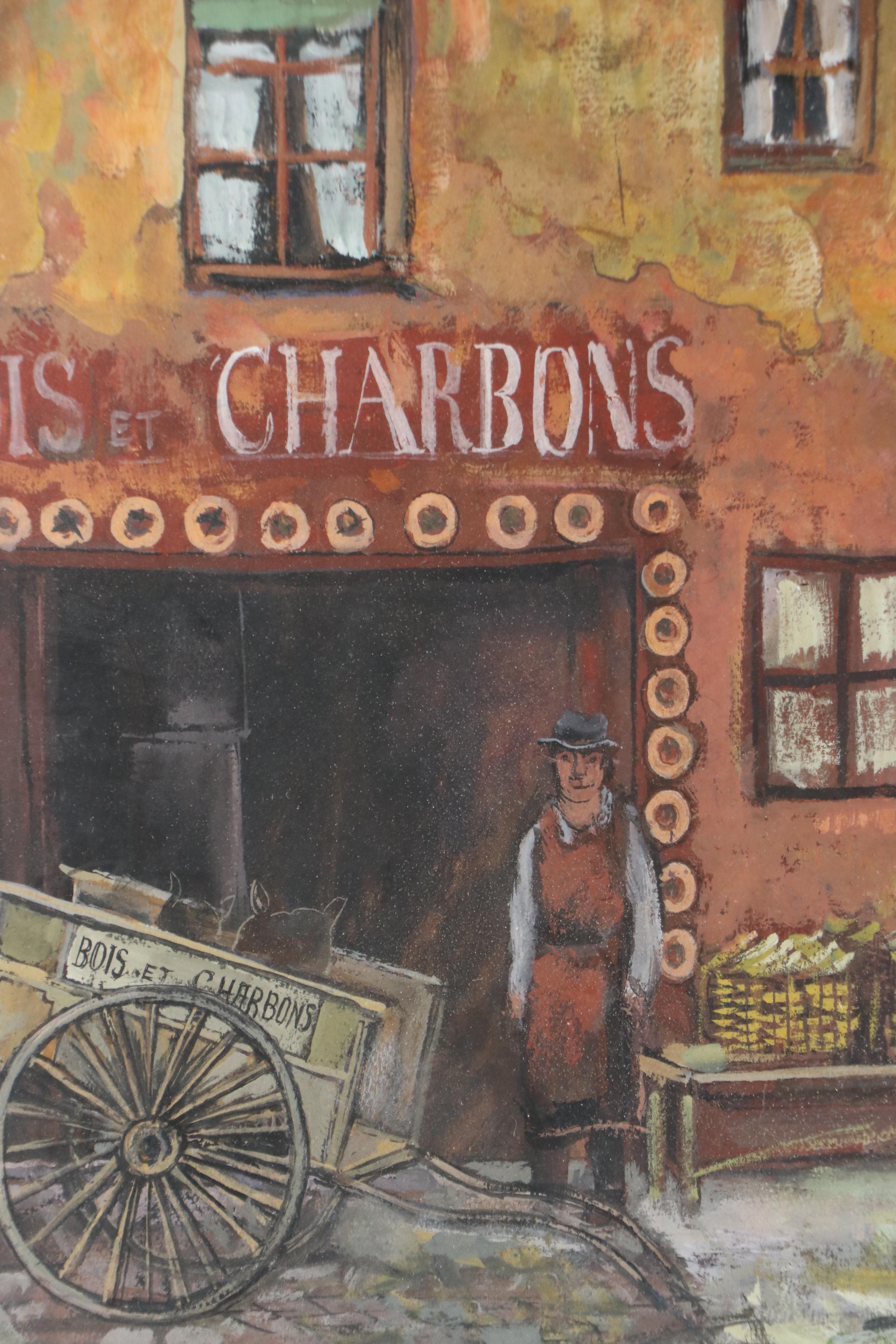 Jacques Fabres Cityscape Gouache Painting of Rural French Street