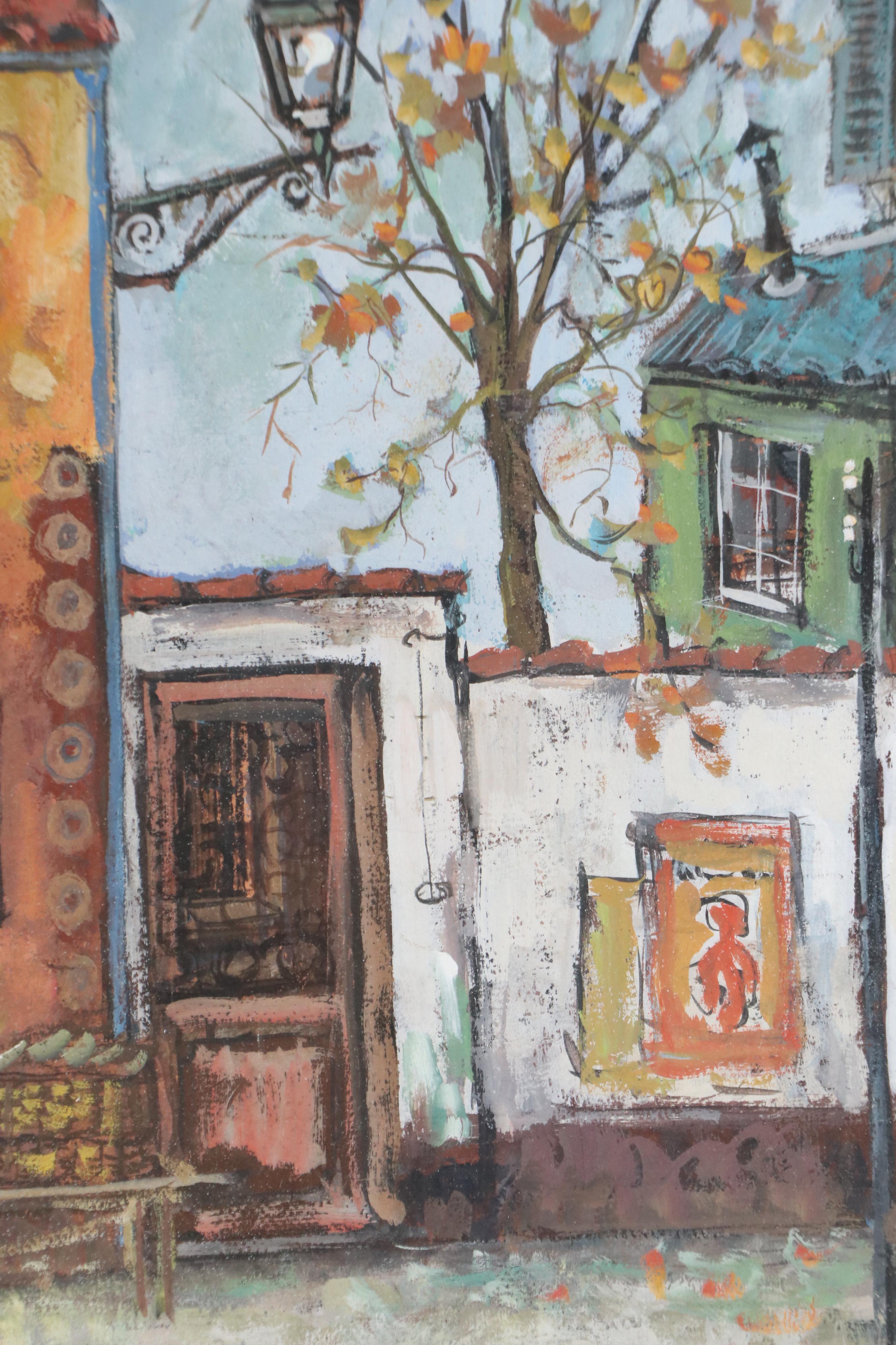 Jacques Fabres Cityscape Gouache Painting of Rural French Street