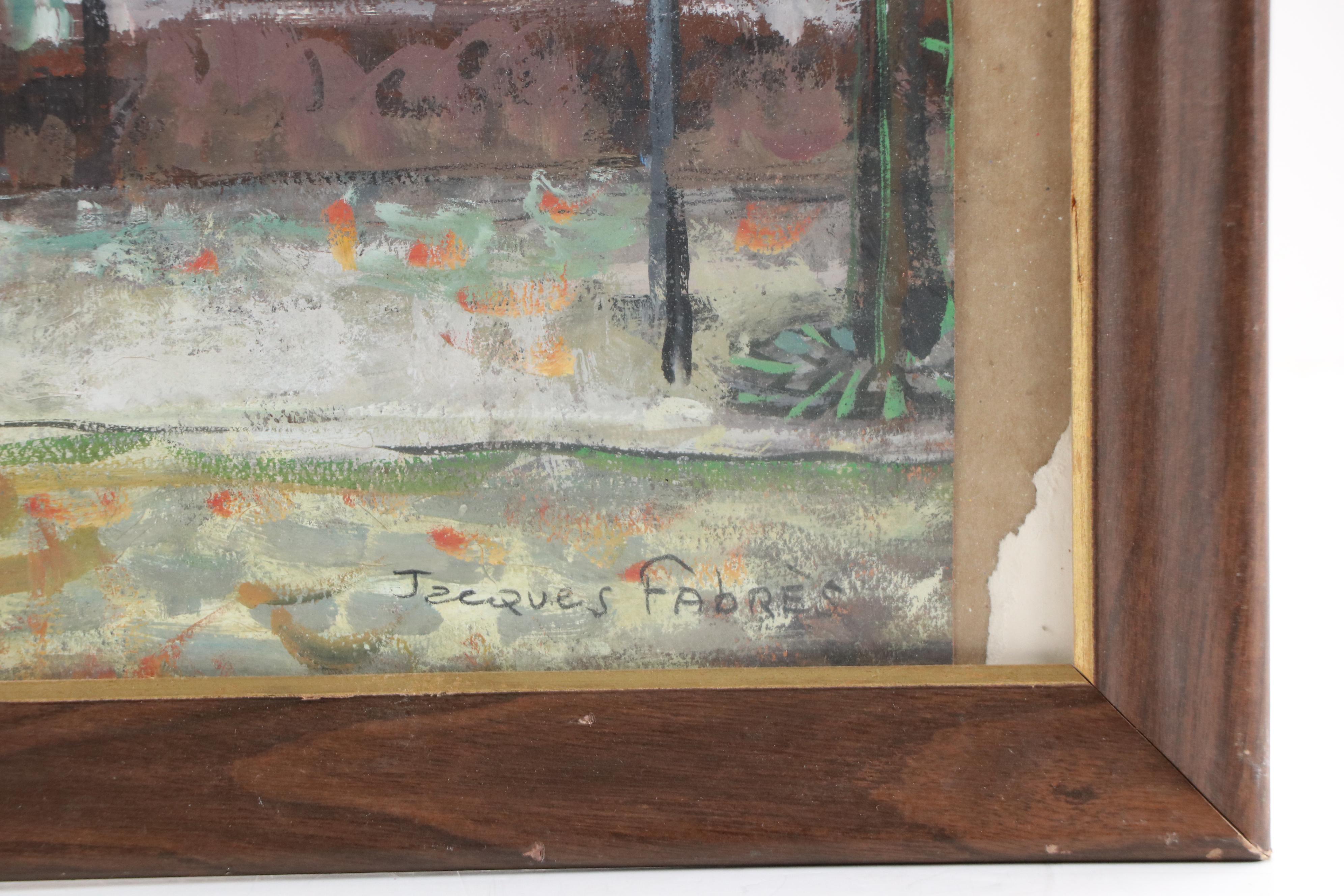 Jacques Fabres Cityscape Gouache Painting of Rural French Street