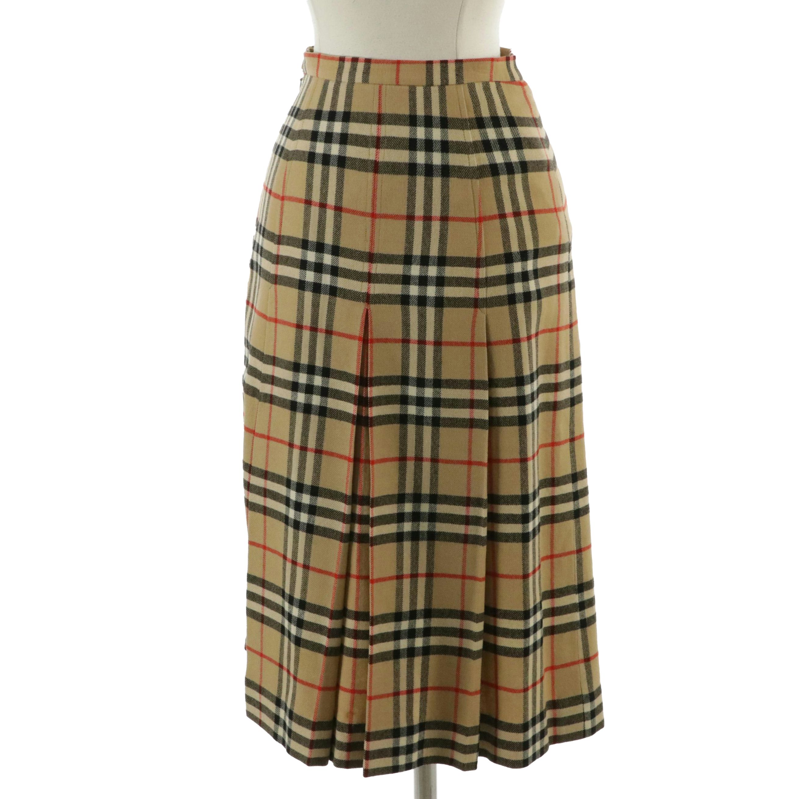 Burberrys Nova Check Wool Pleat Panel Skirt