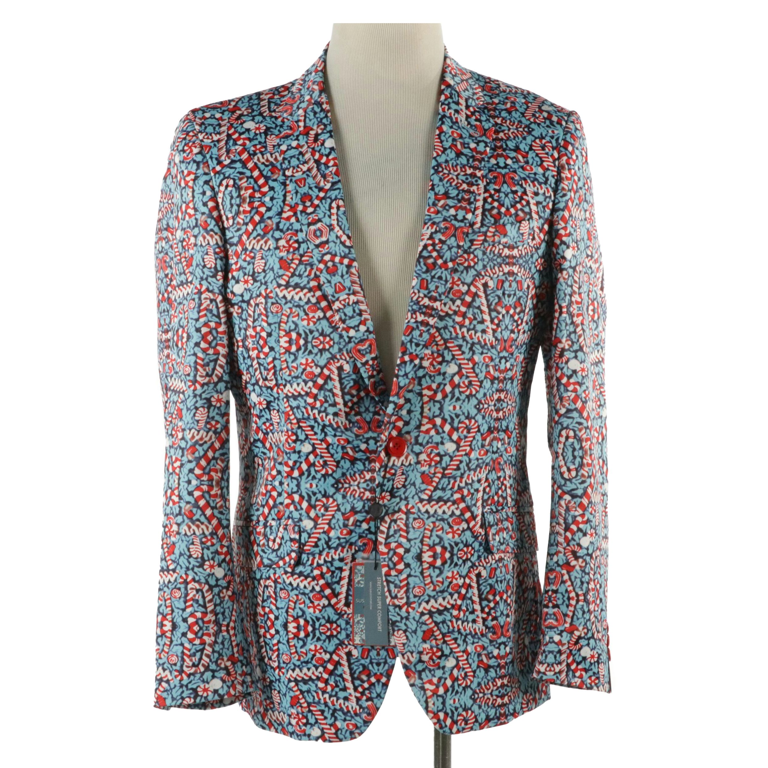 Men's Suslo Couture Slim Fit Candy Cane Printed Novelty Blazer, With Tags
