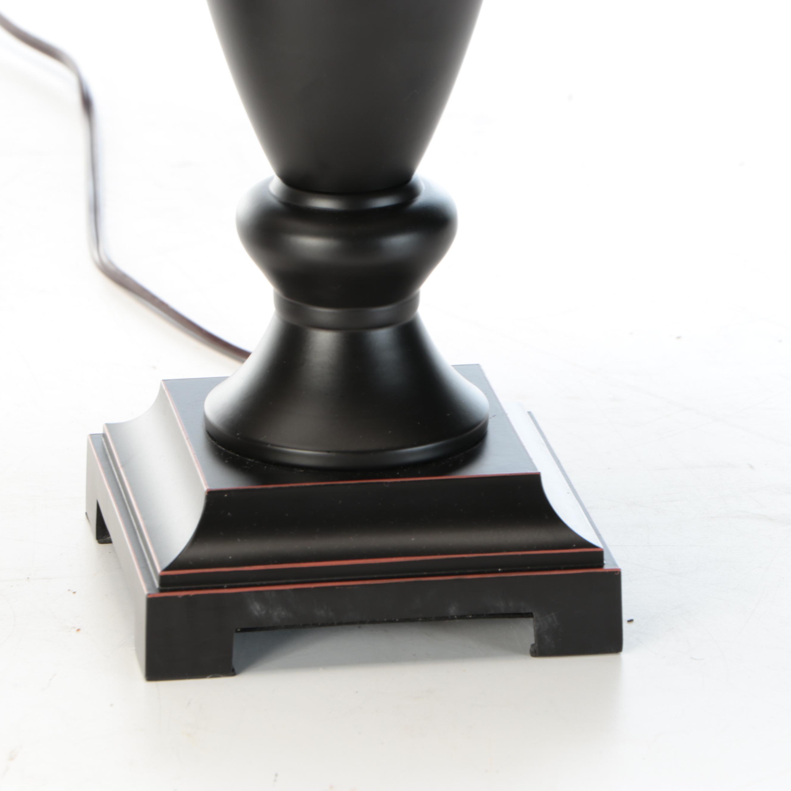 Pair of Oil Rubbed Bronze Urn Table Lamps with Slubbed Cotton Shades