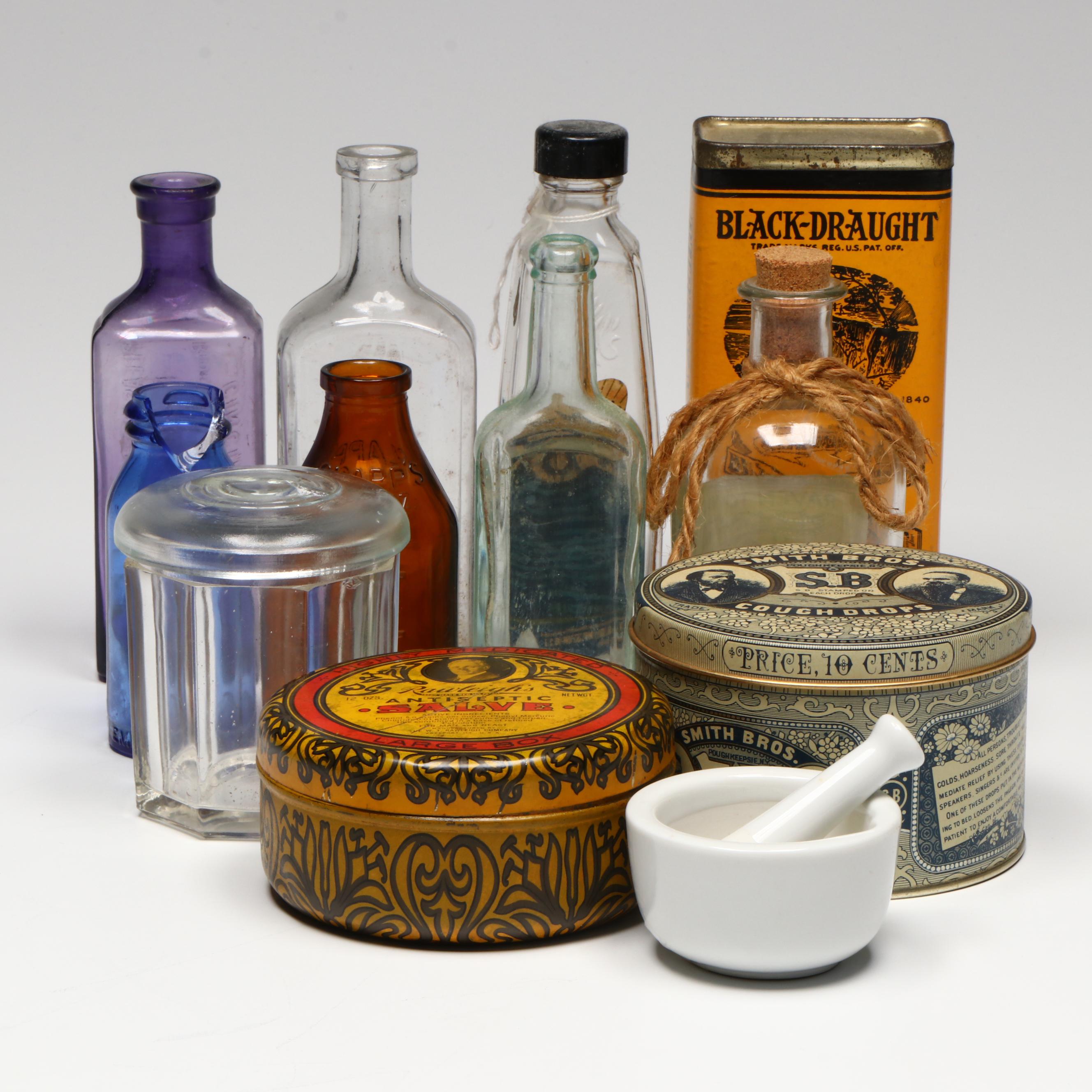 Medicine Tins, Tonic Jars and Ceramic Mortar and Pestle