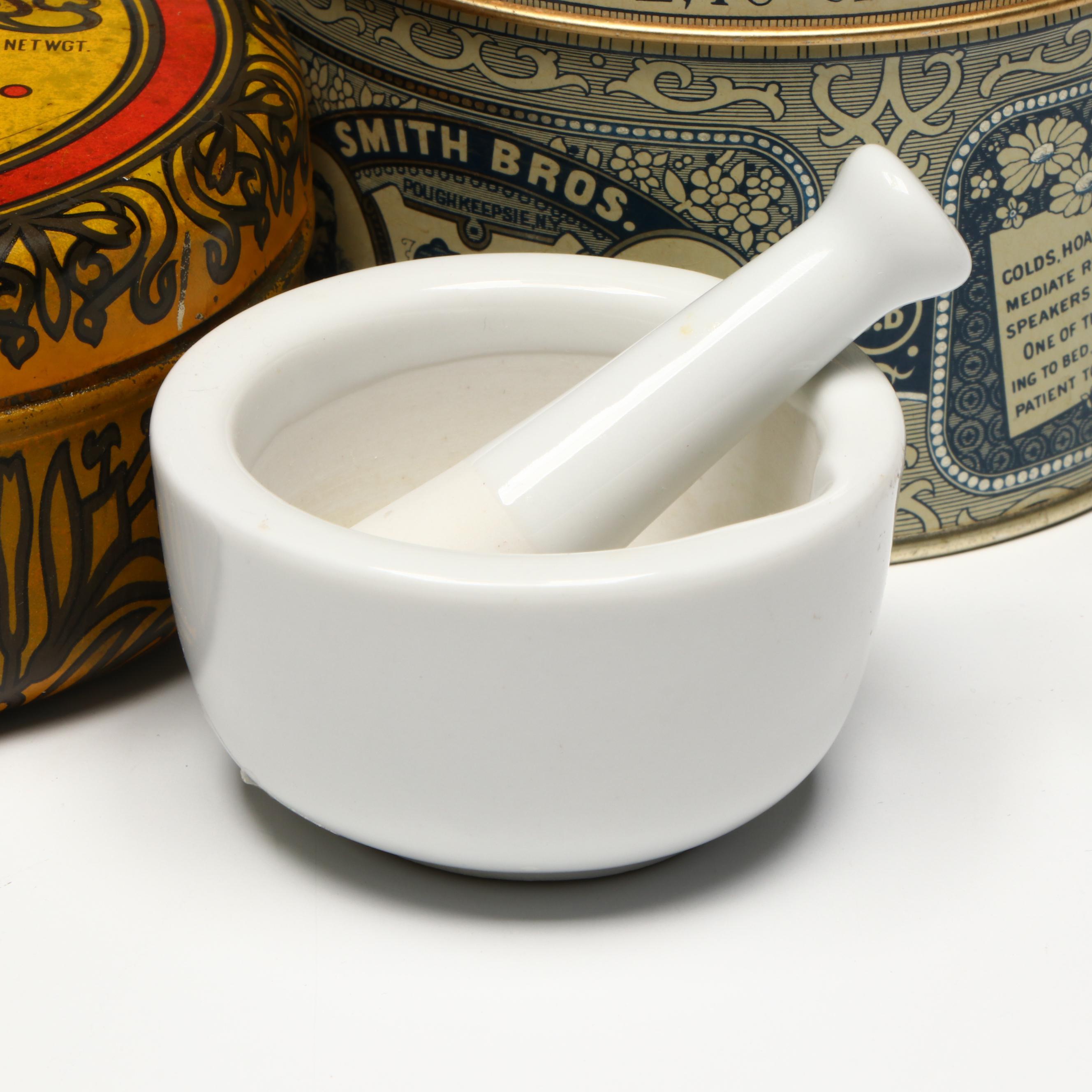 Medicine Tins, Tonic Jars and Ceramic Mortar and Pestle