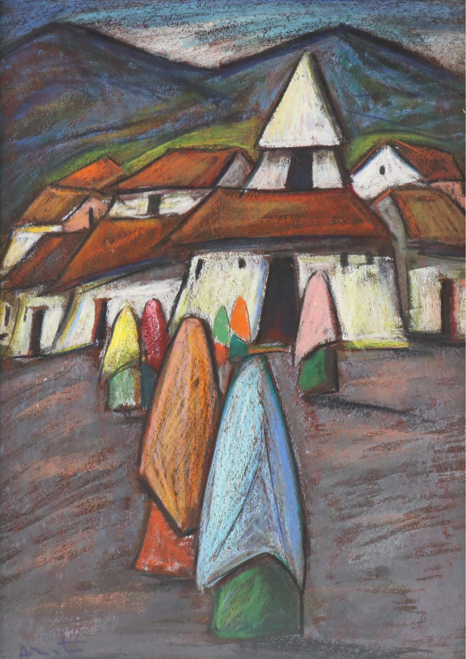 Arturo Nieto Ecuadorian Village Scene Pastel Drawing