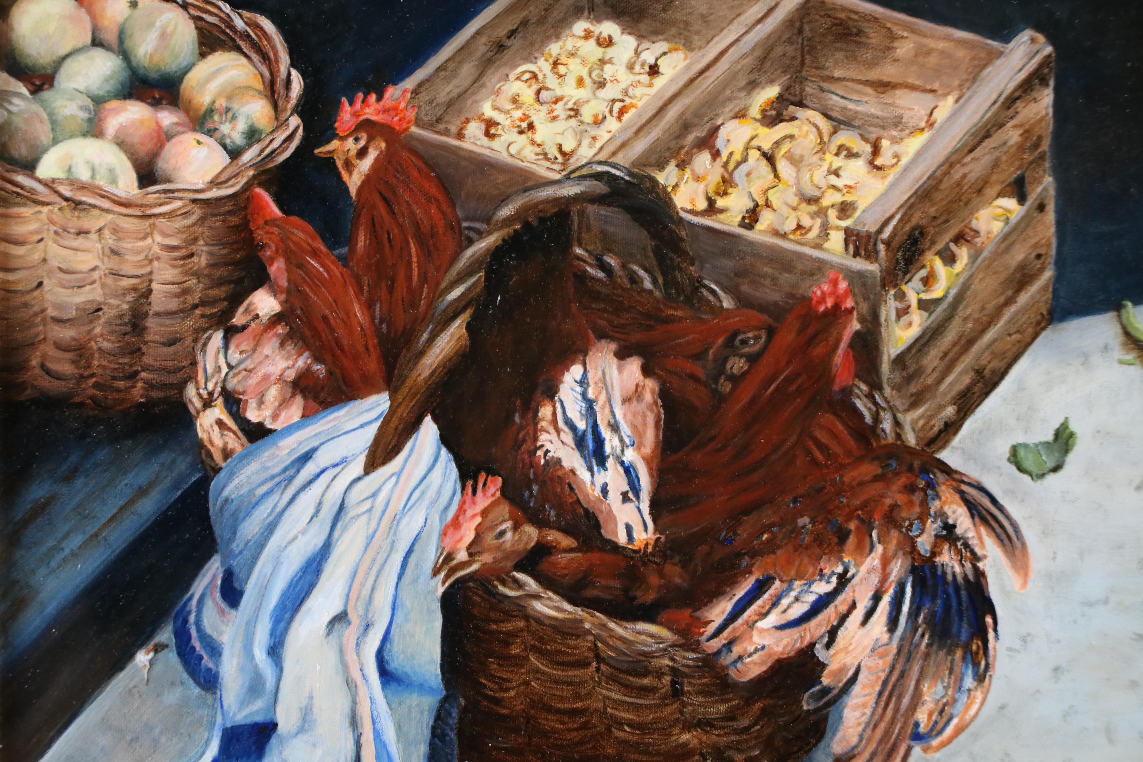 H.A.F. Wagner Oil Painting "Basket and Chickens, La Seu d'Urgell, Lerida," 2002