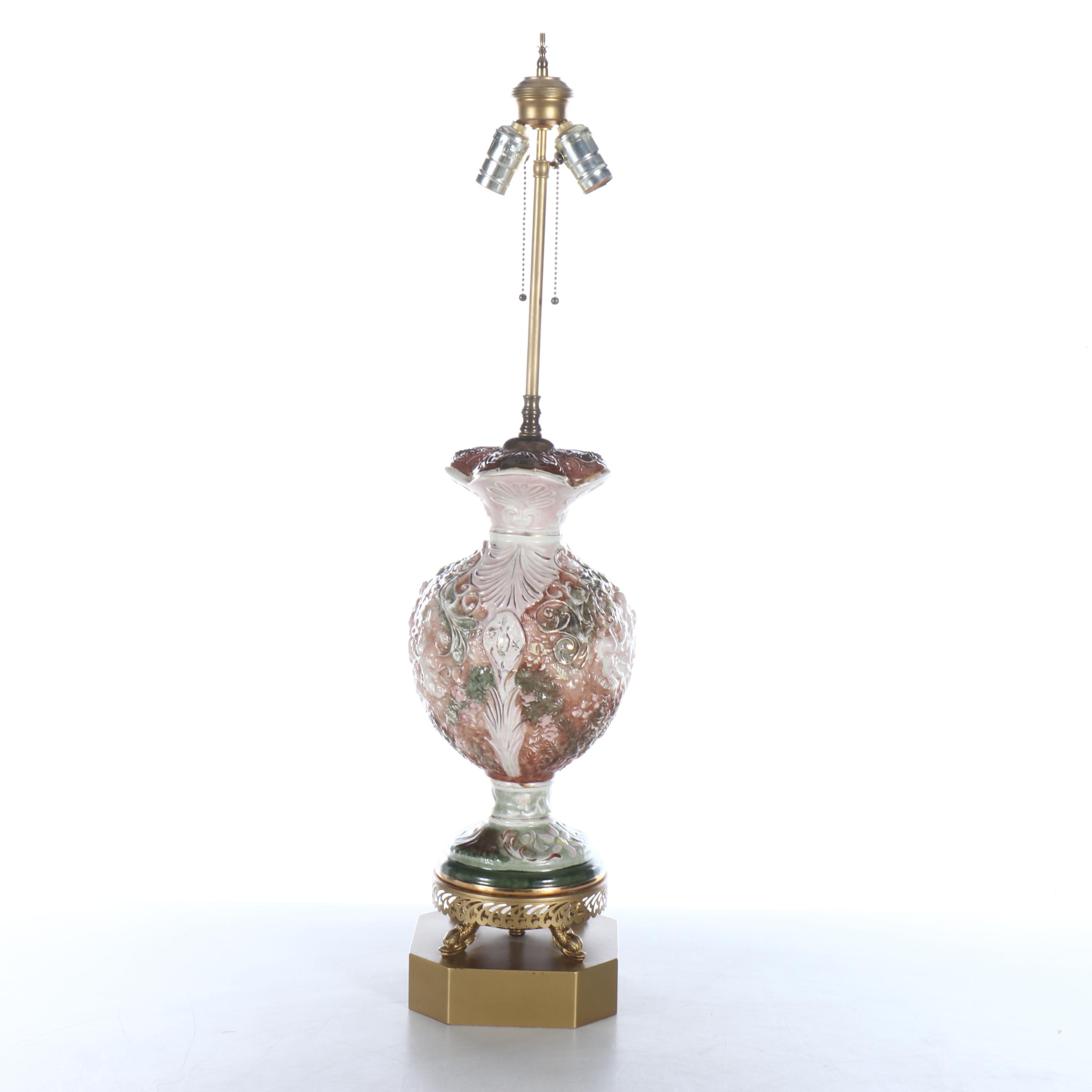 Embossed Ceramic and Brass Table Lamp with Fabric Shade