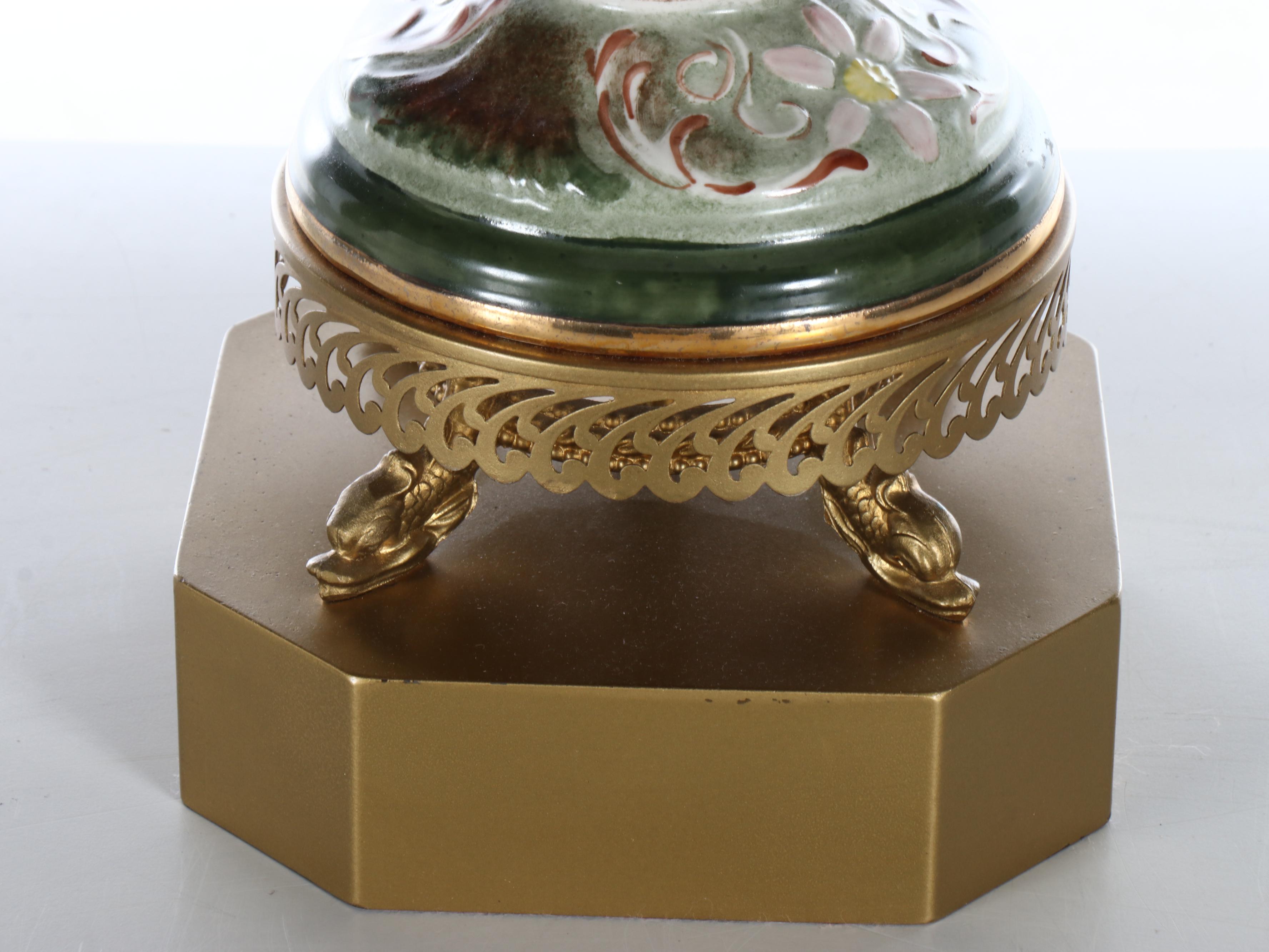 Embossed Ceramic and Brass Table Lamp with Fabric Shade