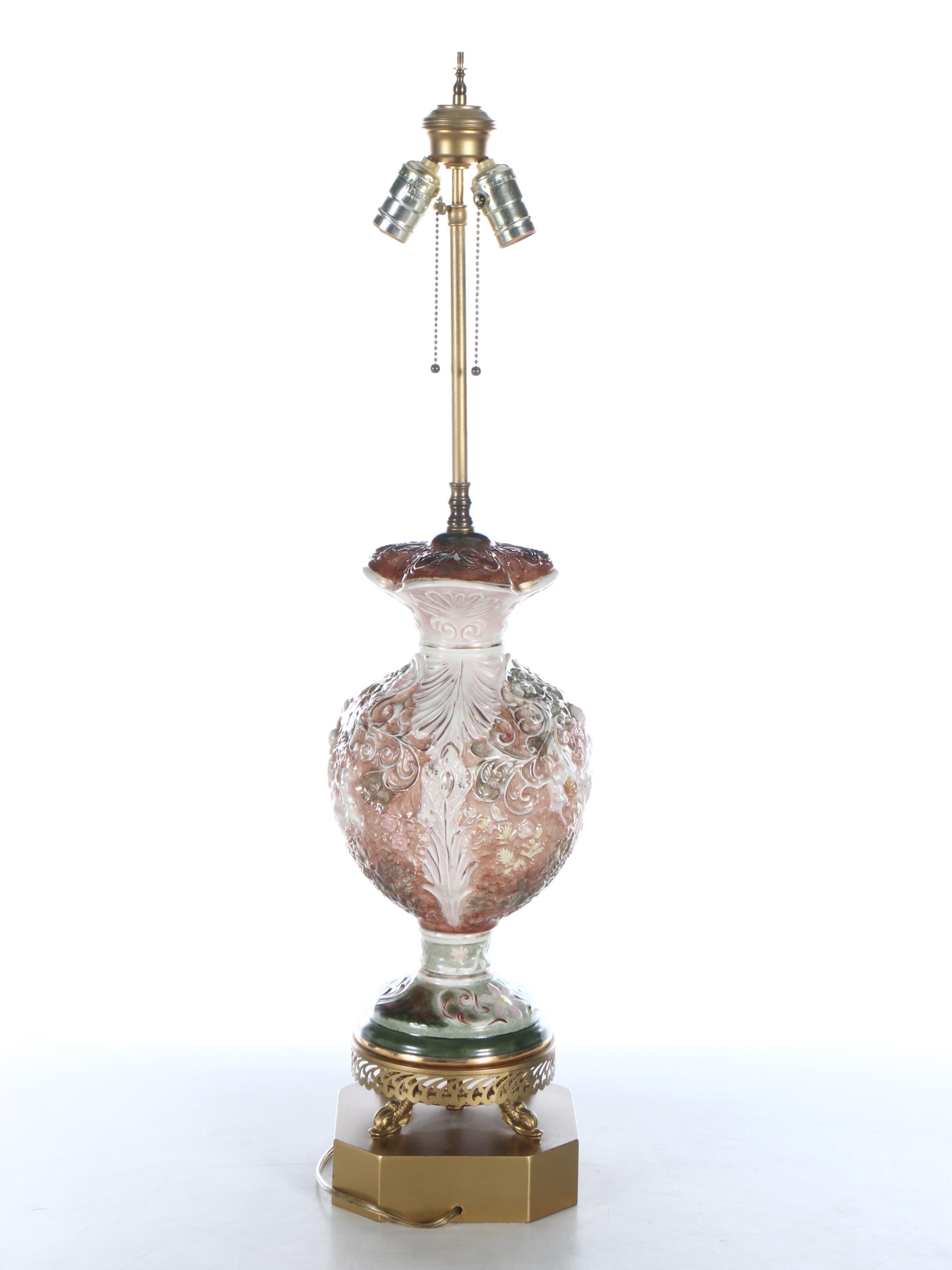 Embossed Ceramic and Brass Table Lamp with Fabric Shade