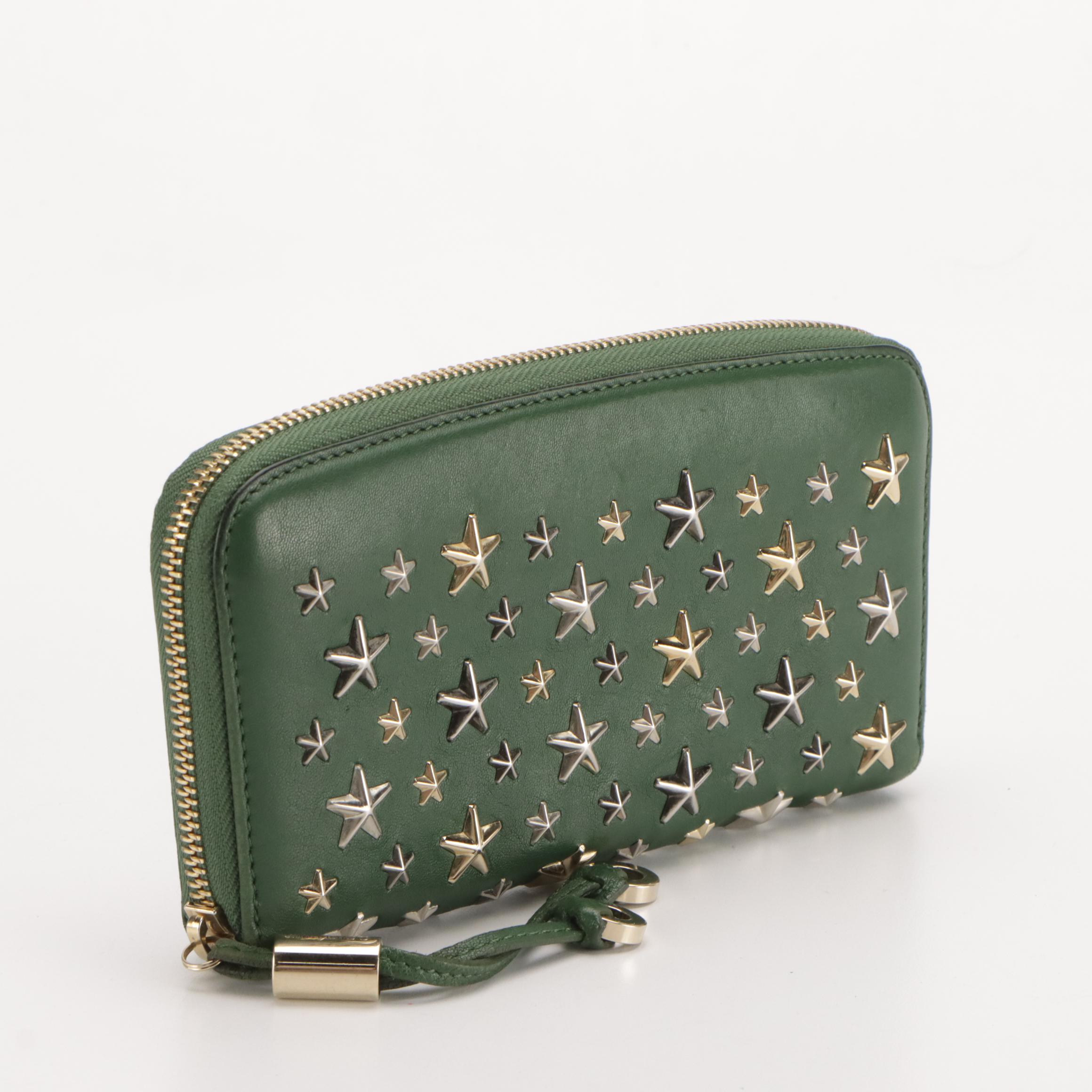 Jimmy Choo Star-Studded Zip Around Wallet in Hunter Green Calfskin Leather