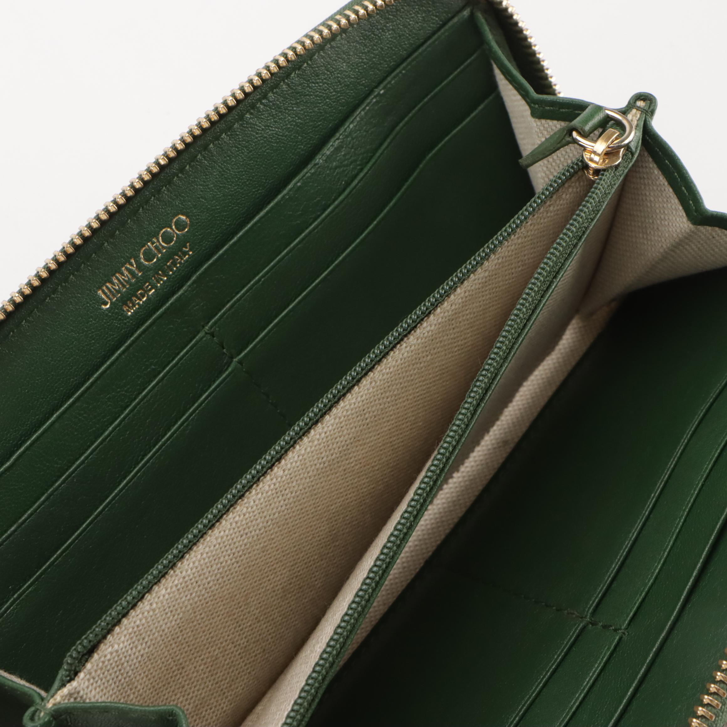 Jimmy Choo Star-Studded Zip Around Wallet in Hunter Green Calfskin Leather