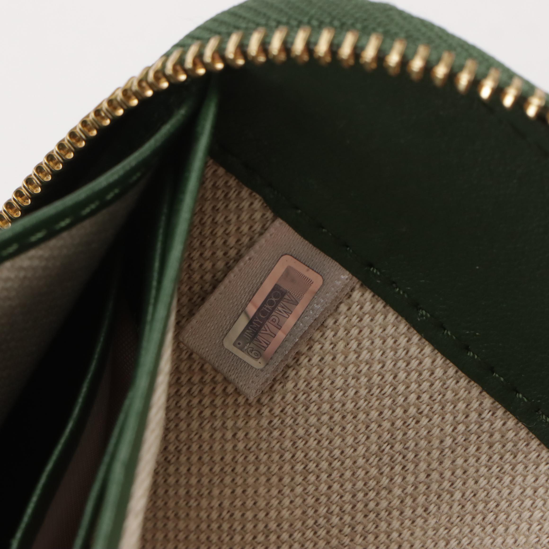 Jimmy Choo Star-Studded Zip Around Wallet in Hunter Green Calfskin Leather