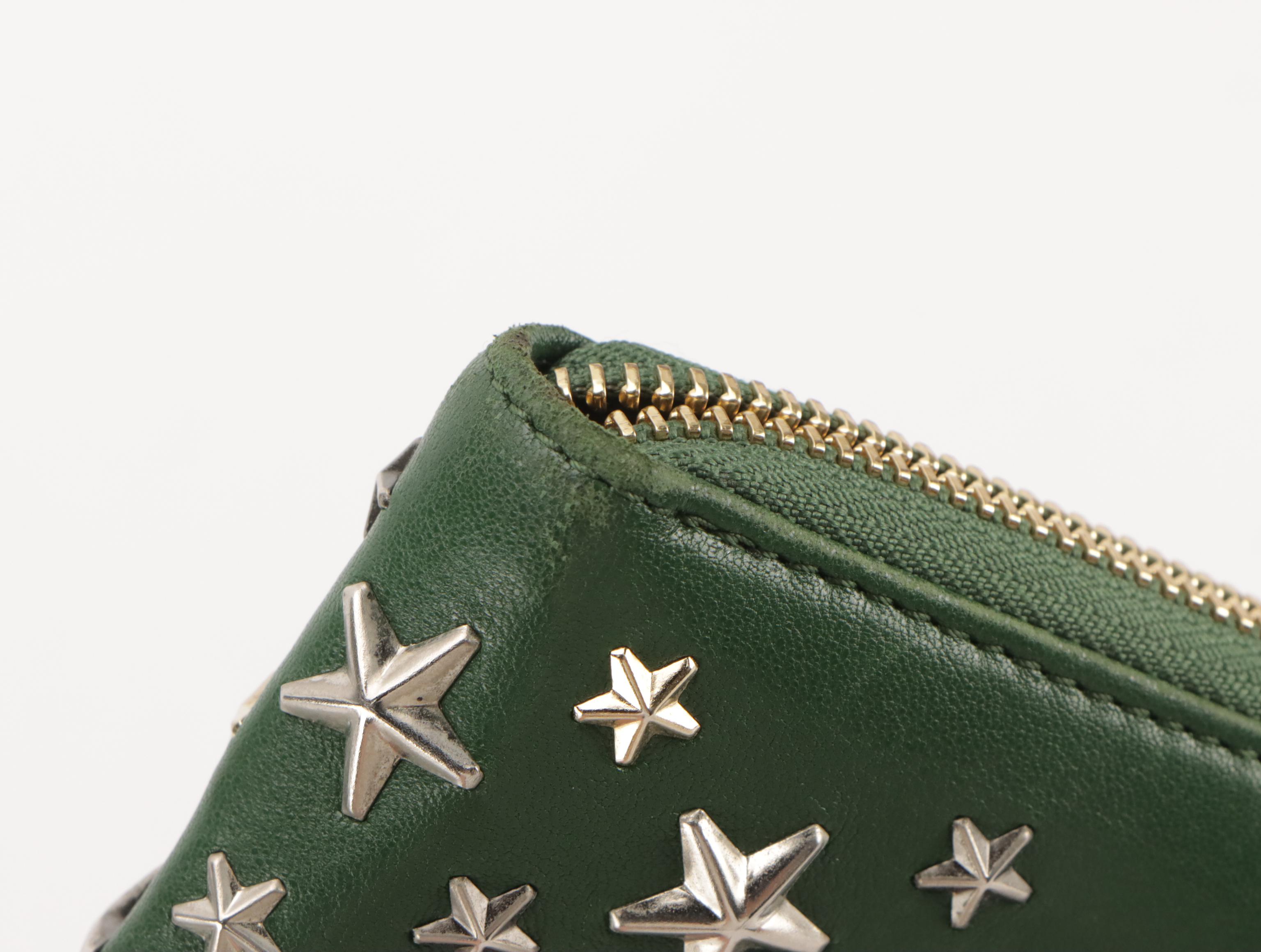 Jimmy Choo Star-Studded Zip Around Wallet in Hunter Green Calfskin Leather