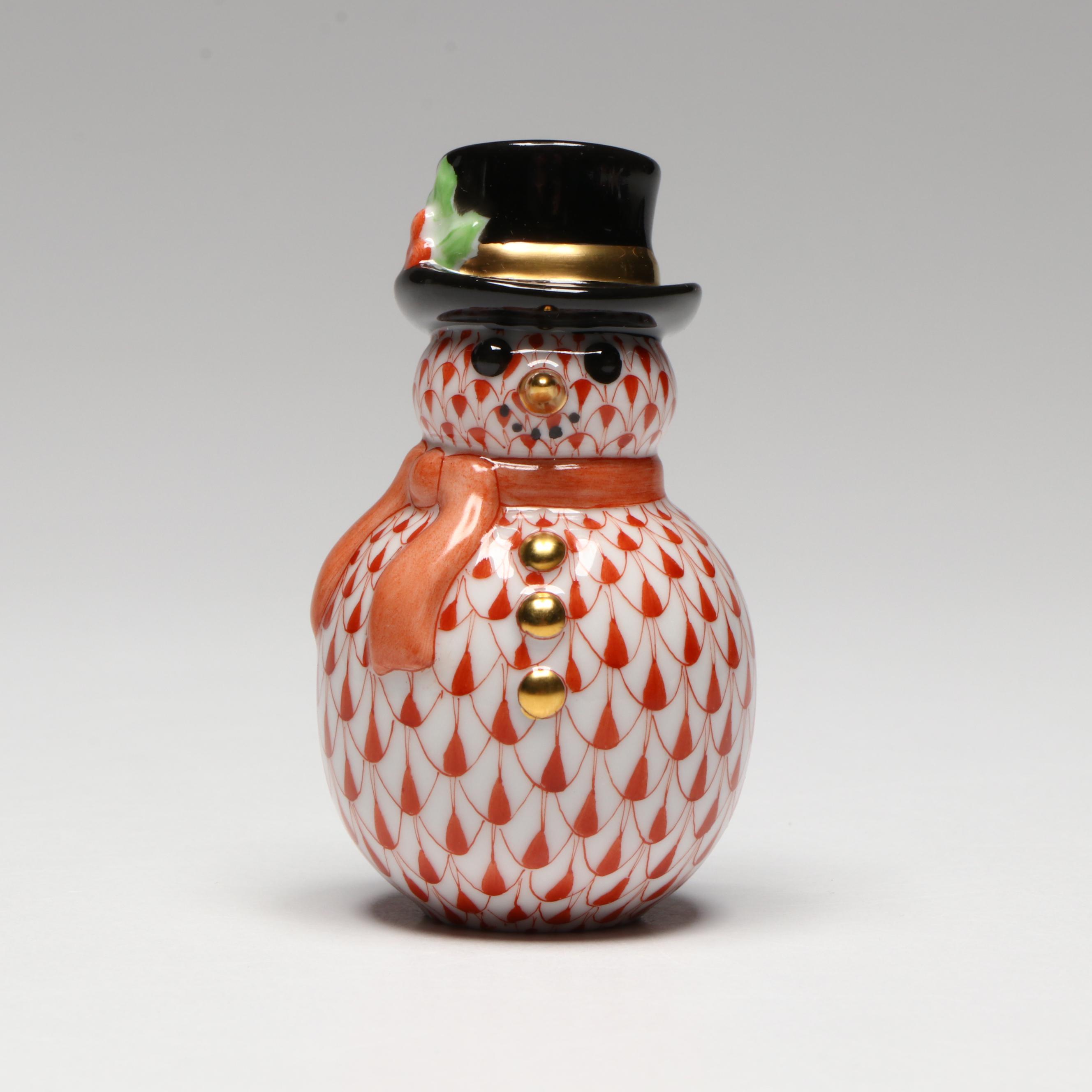 Herend Red Fishnet with Gold Porcelain Snowman
