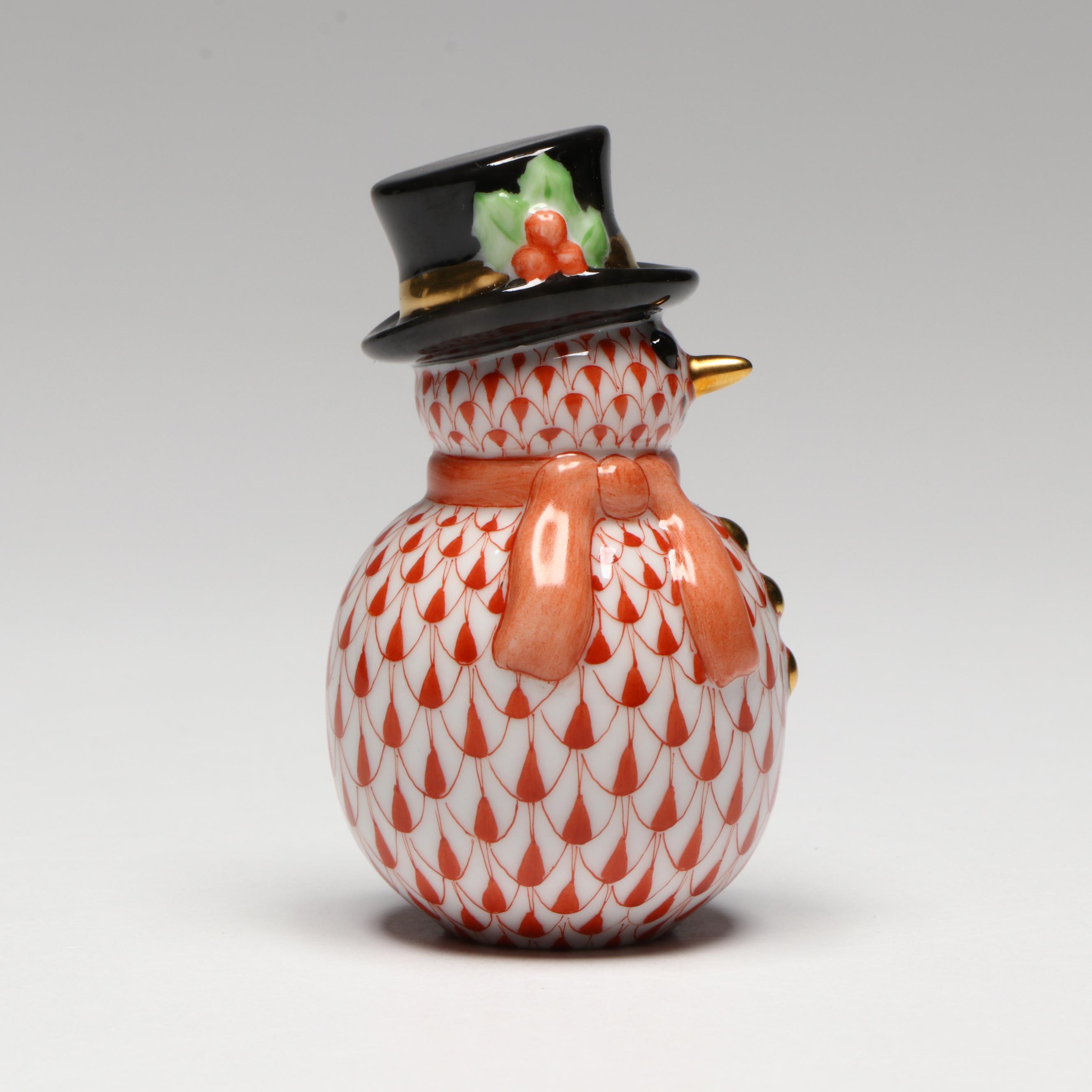 Herend Red Fishnet with Gold Porcelain Snowman