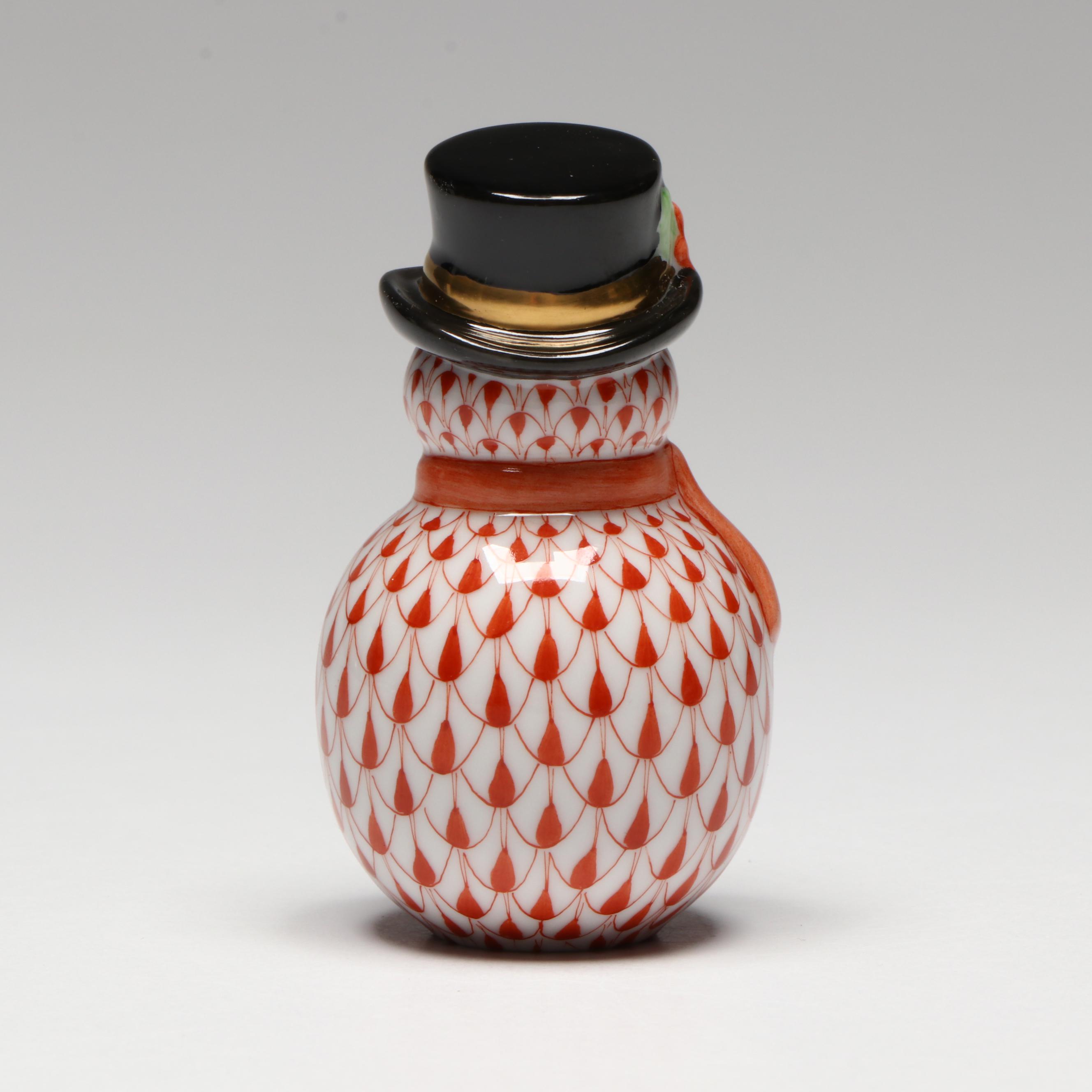 Herend Red Fishnet with Gold Porcelain Snowman