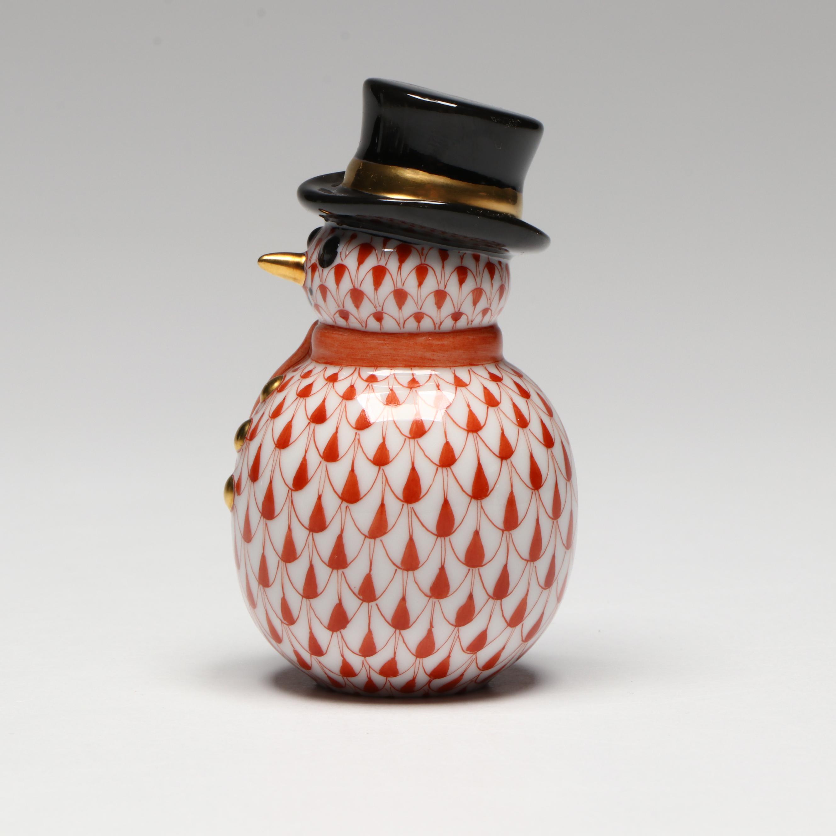 Herend Red Fishnet with Gold Porcelain Snowman