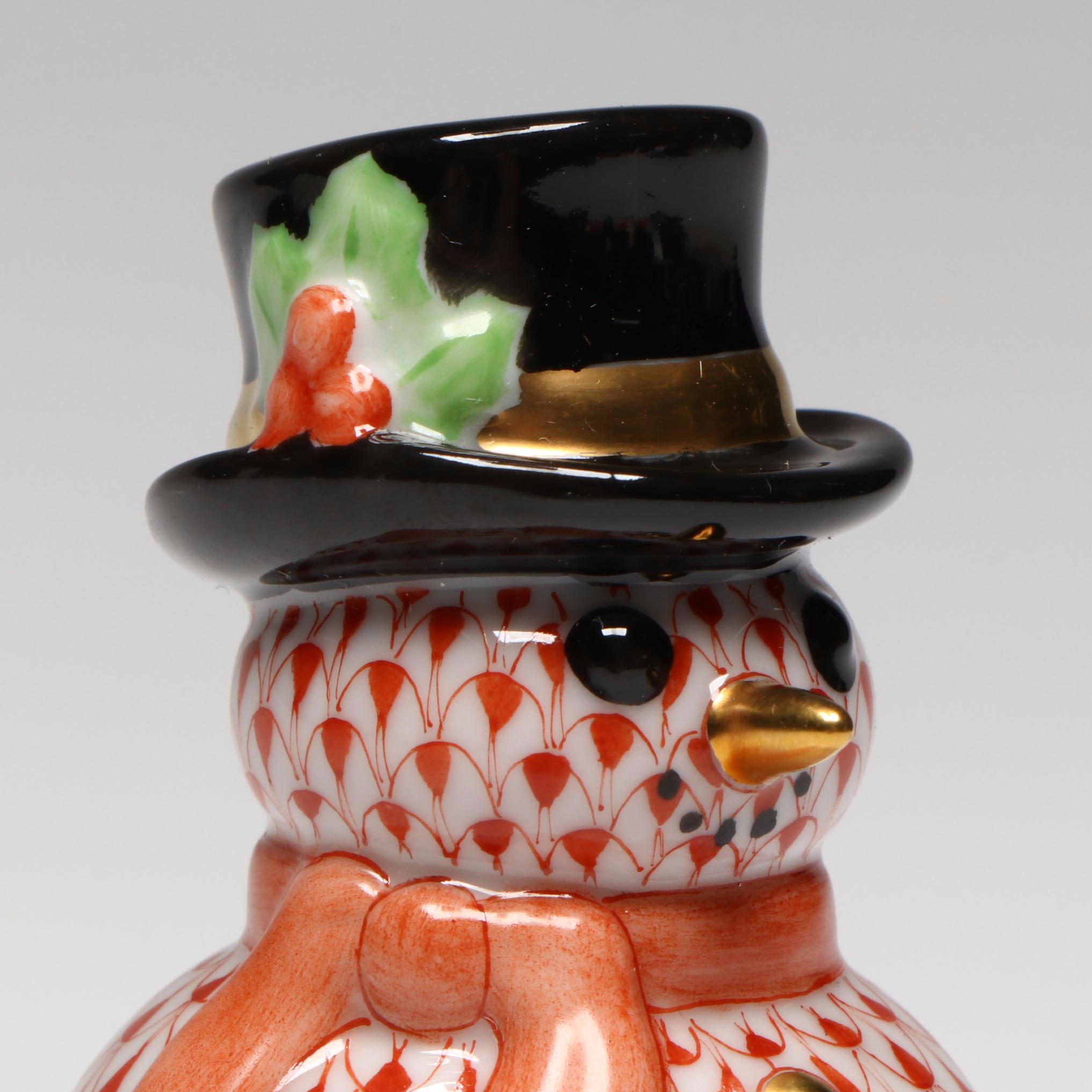 Herend Red Fishnet with Gold Porcelain Snowman