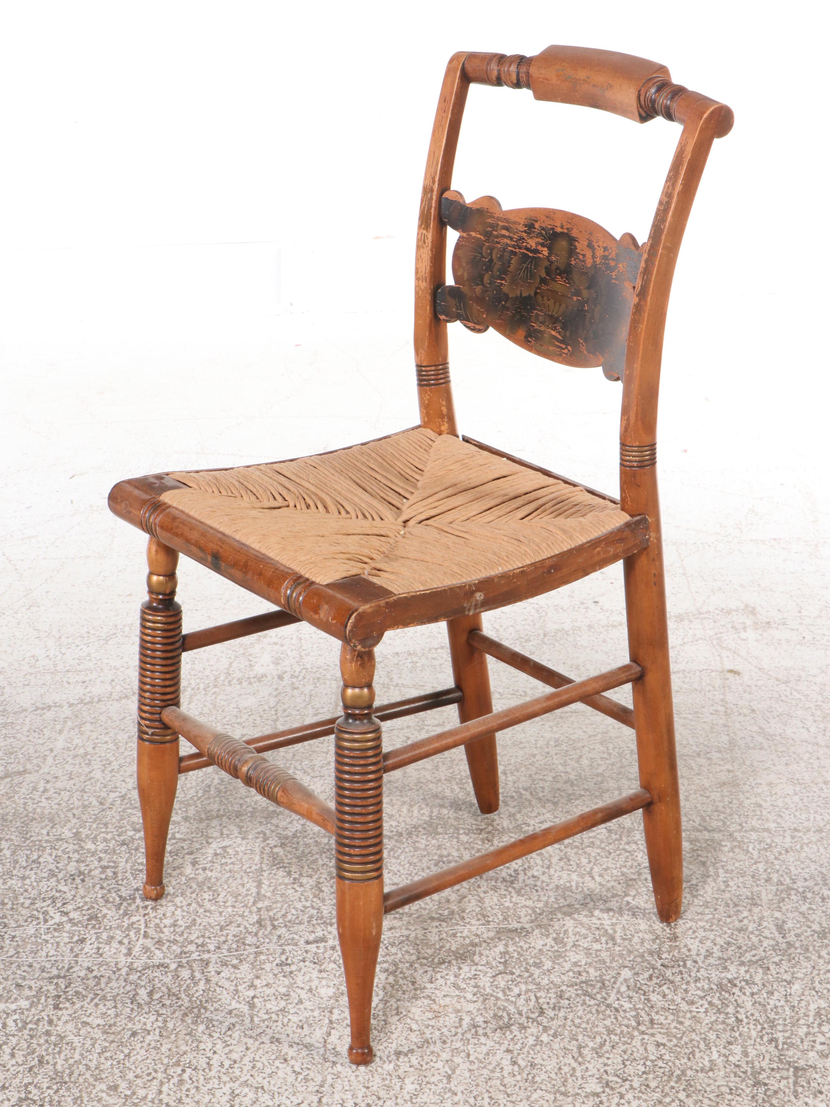 Hitchcock Stencil Decorated Chairs with Paper Rush Seats, Pair, Mid-20th Century