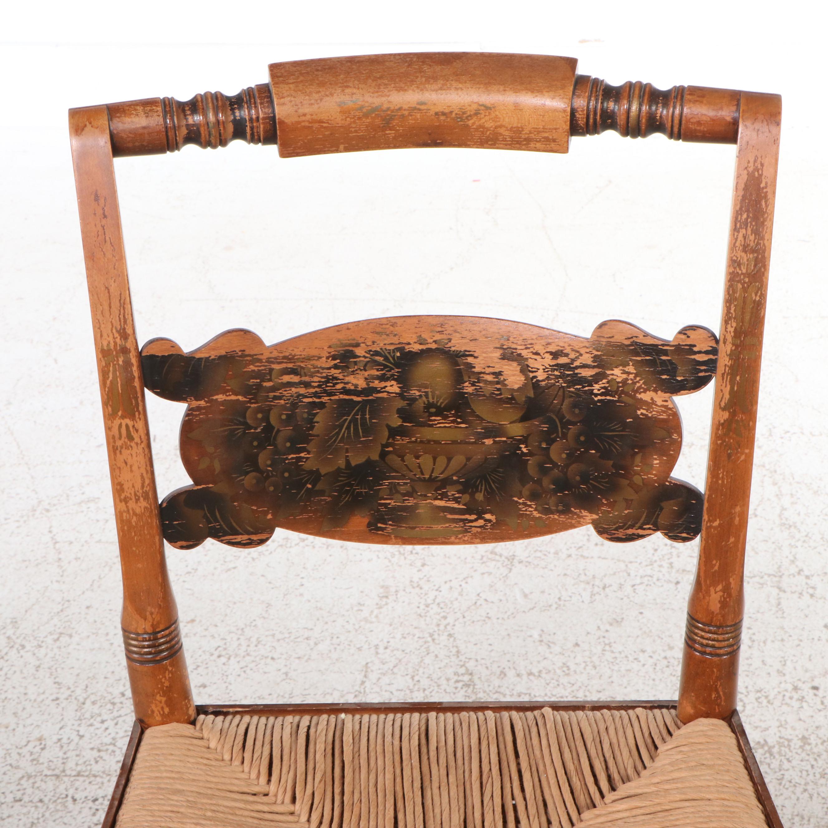 Hitchcock Stencil Decorated Chairs with Paper Rush Seats, Pair, Mid-20th Century