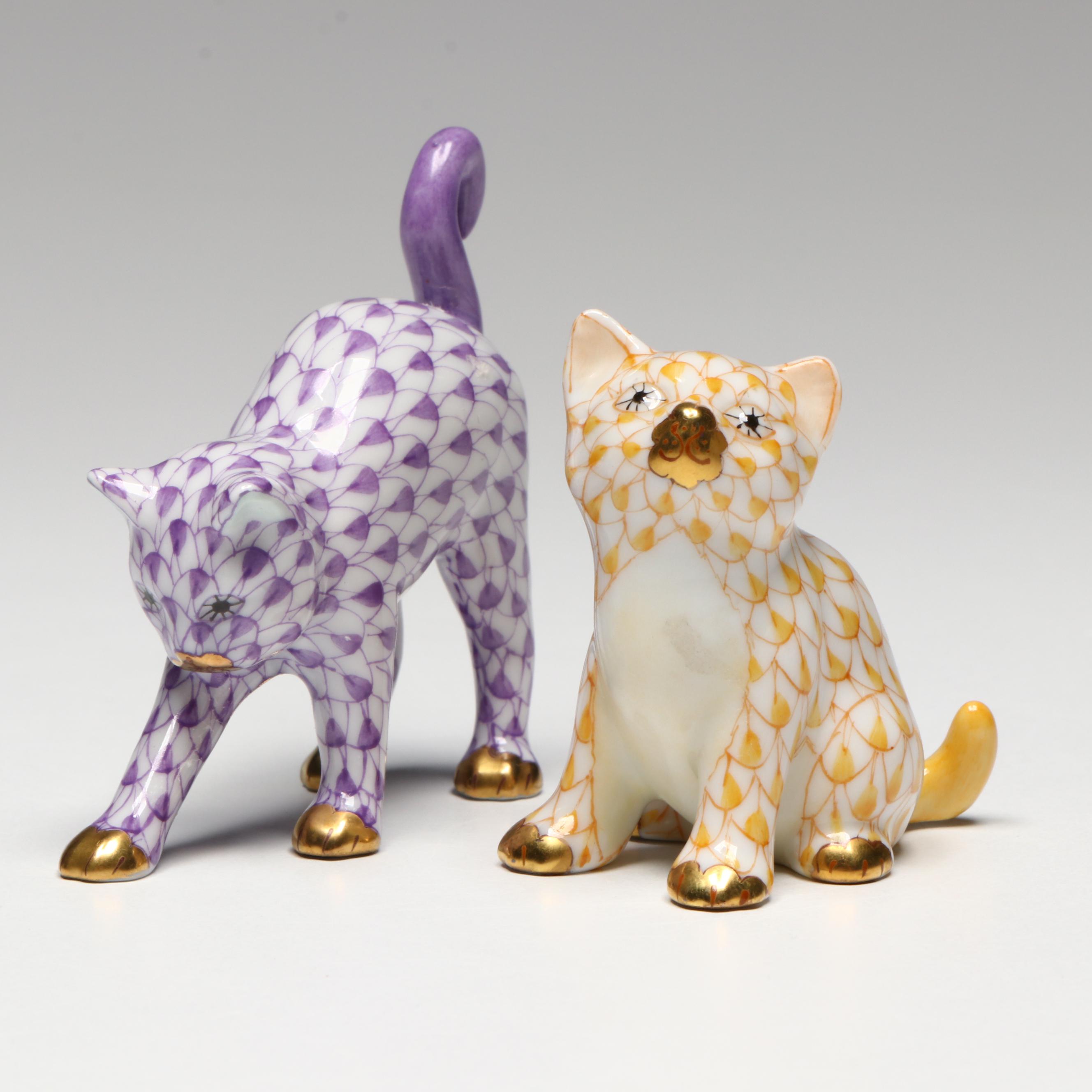 Herend Lilac and Butterscotch Fishnet with Gold Porcelain Cats