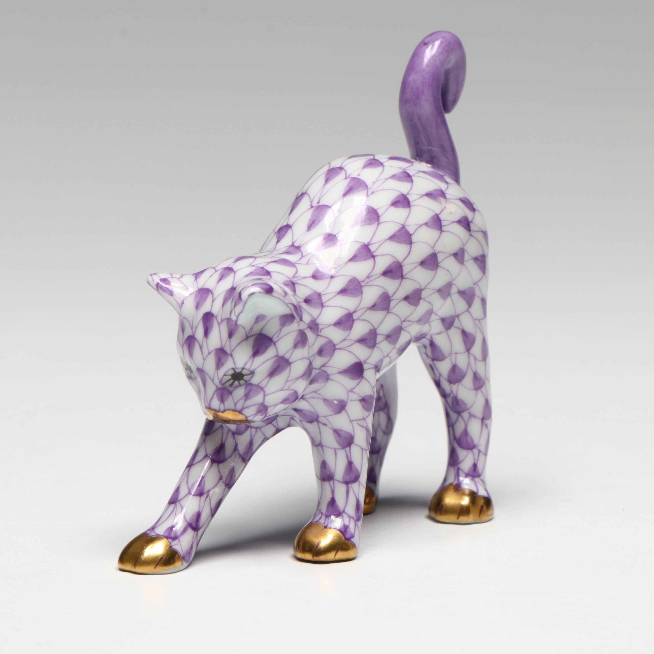 Herend Lilac and Butterscotch Fishnet with Gold Porcelain Cats