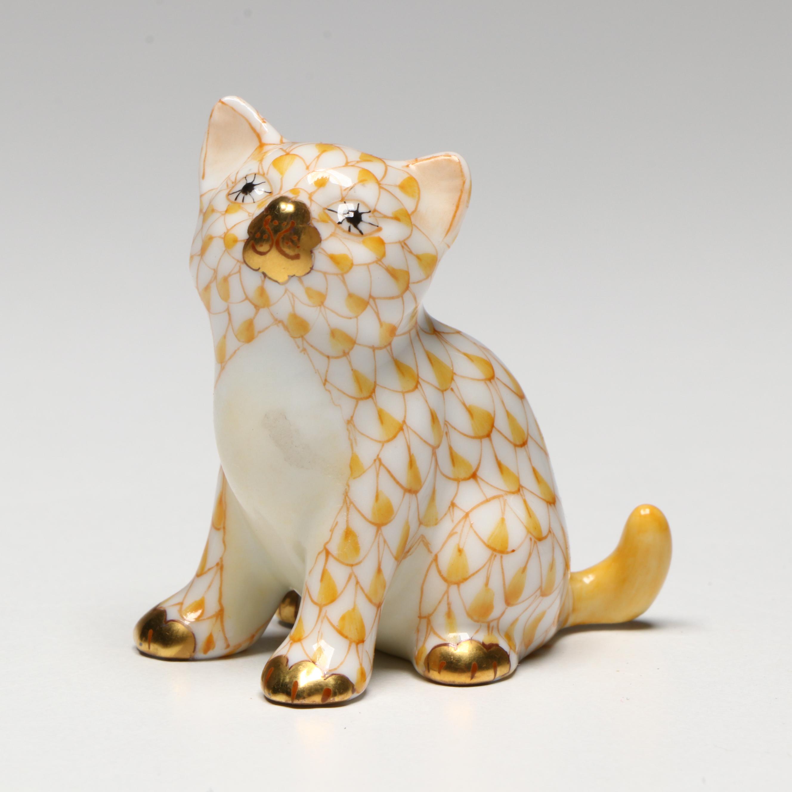 Herend Lilac and Butterscotch Fishnet with Gold Porcelain Cats