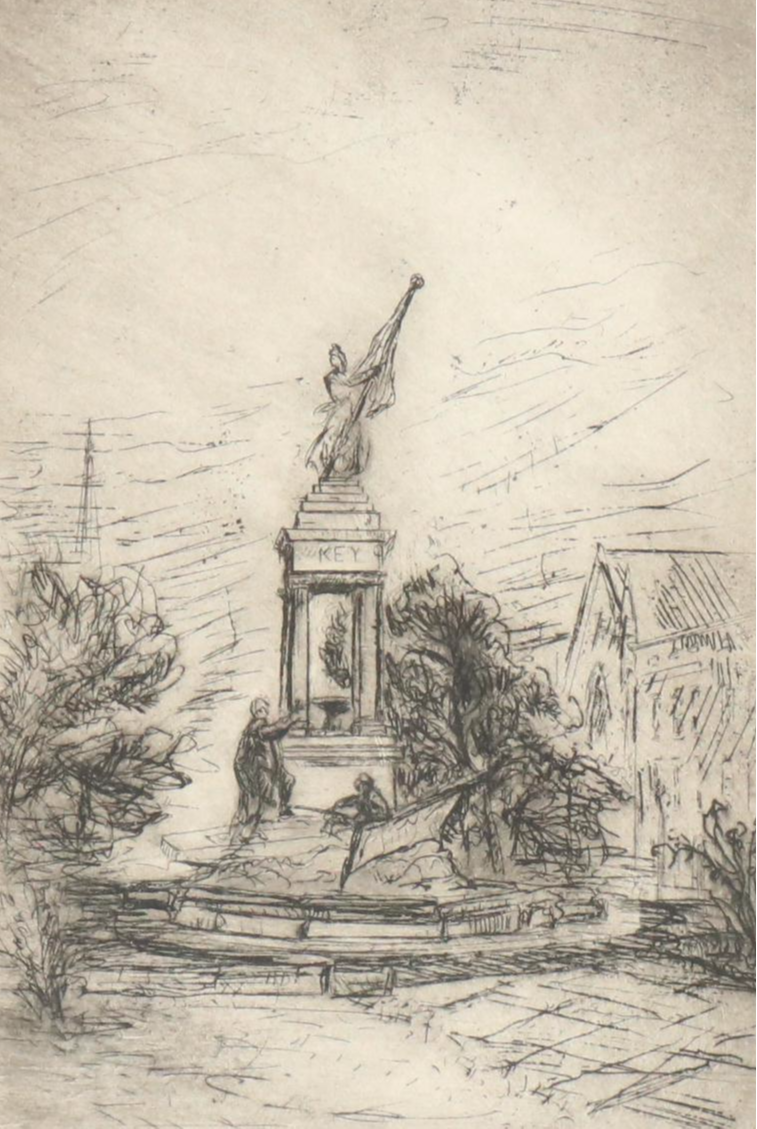 Sarah Carothers Rhode Etching of Monument, Mid-20th Century