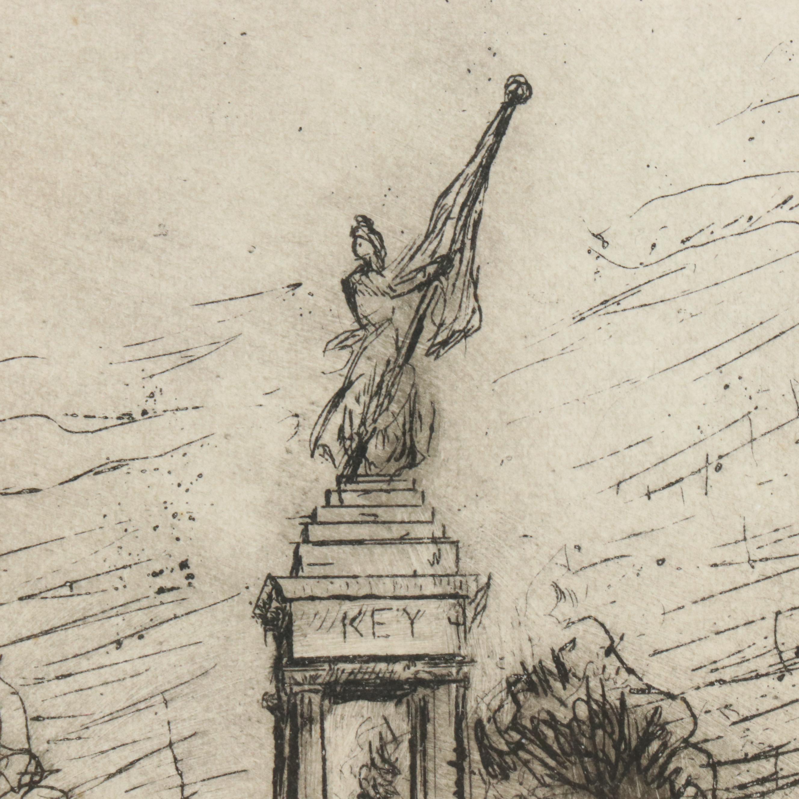 Sarah Carothers Rhode Etching of Monument, Mid-20th Century