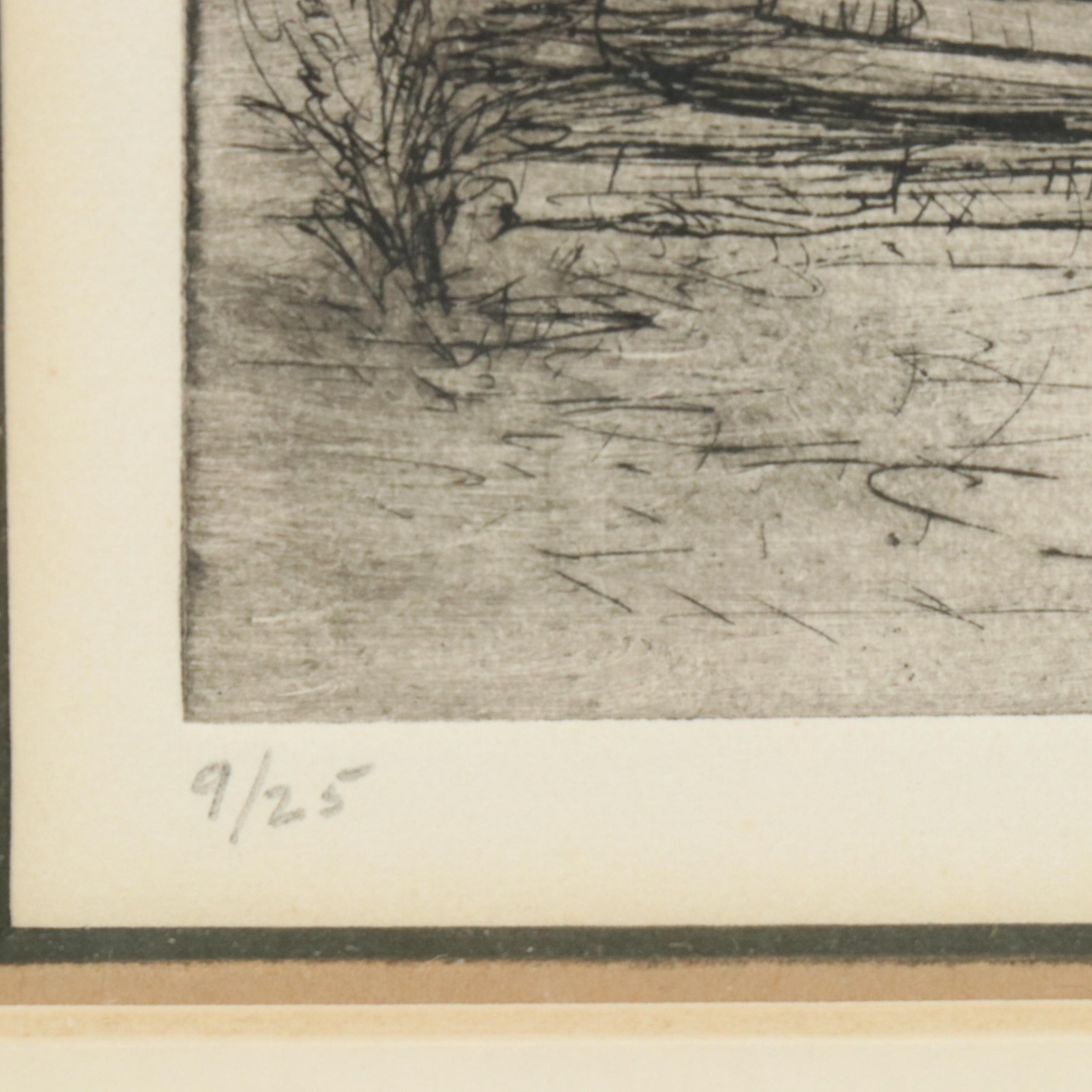 Sarah Carothers Rhode Etching of Monument, Mid-20th Century