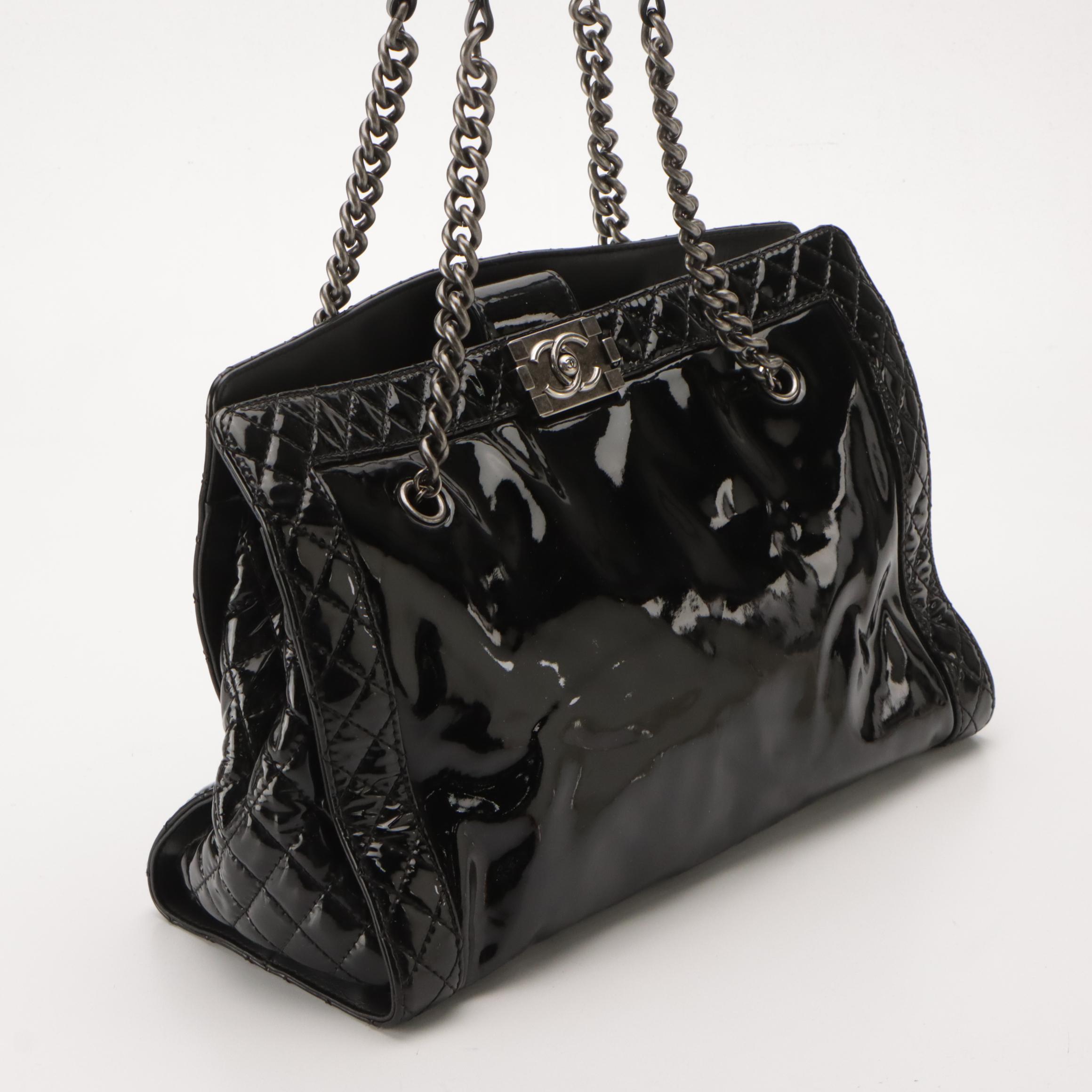 Chanel Reverso Boy Chain Tote in Black Patent Leather with Quilted Trim