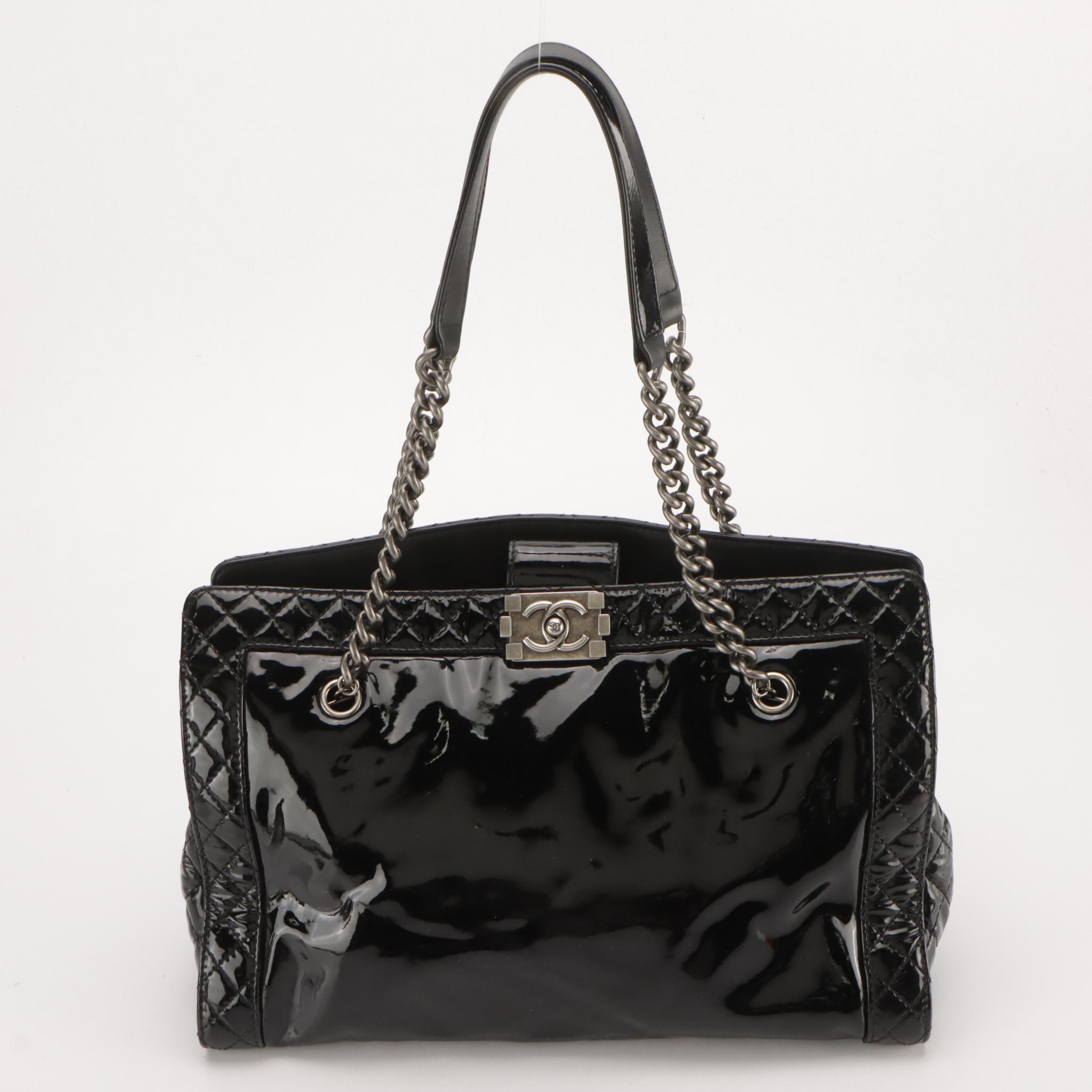 Chanel Reverso Boy Chain Tote in Black Patent Leather with Quilted Trim