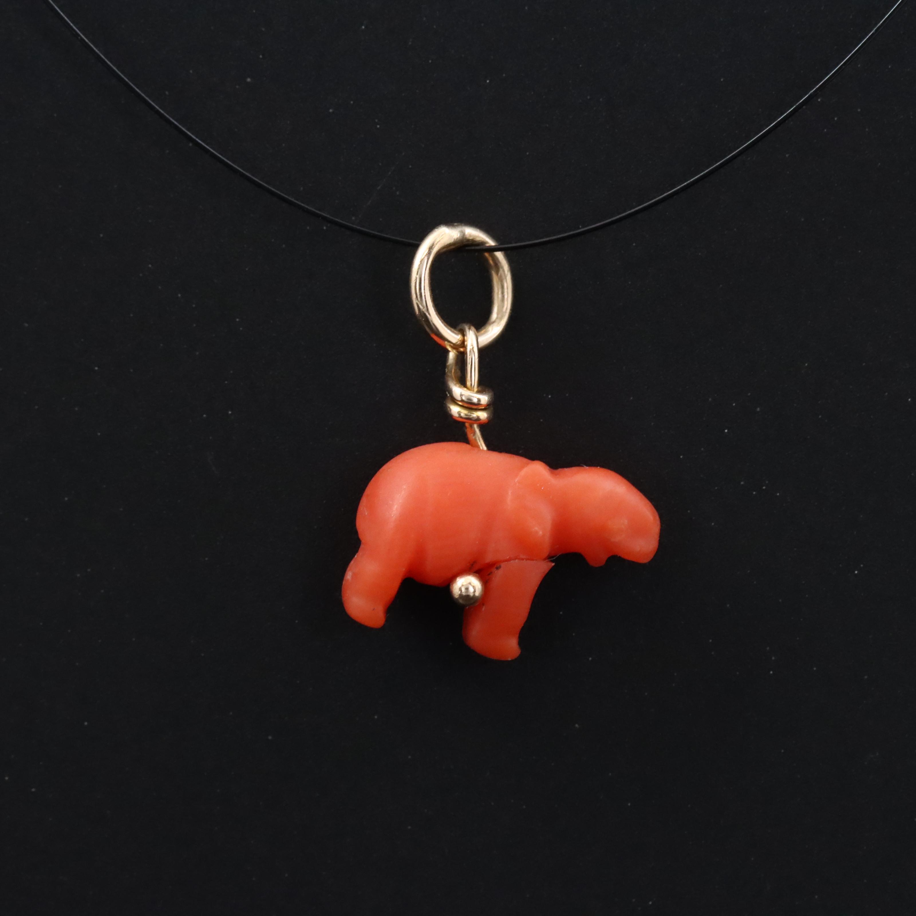 Vintage 10K Carved Coral Elephant Charm Pendant