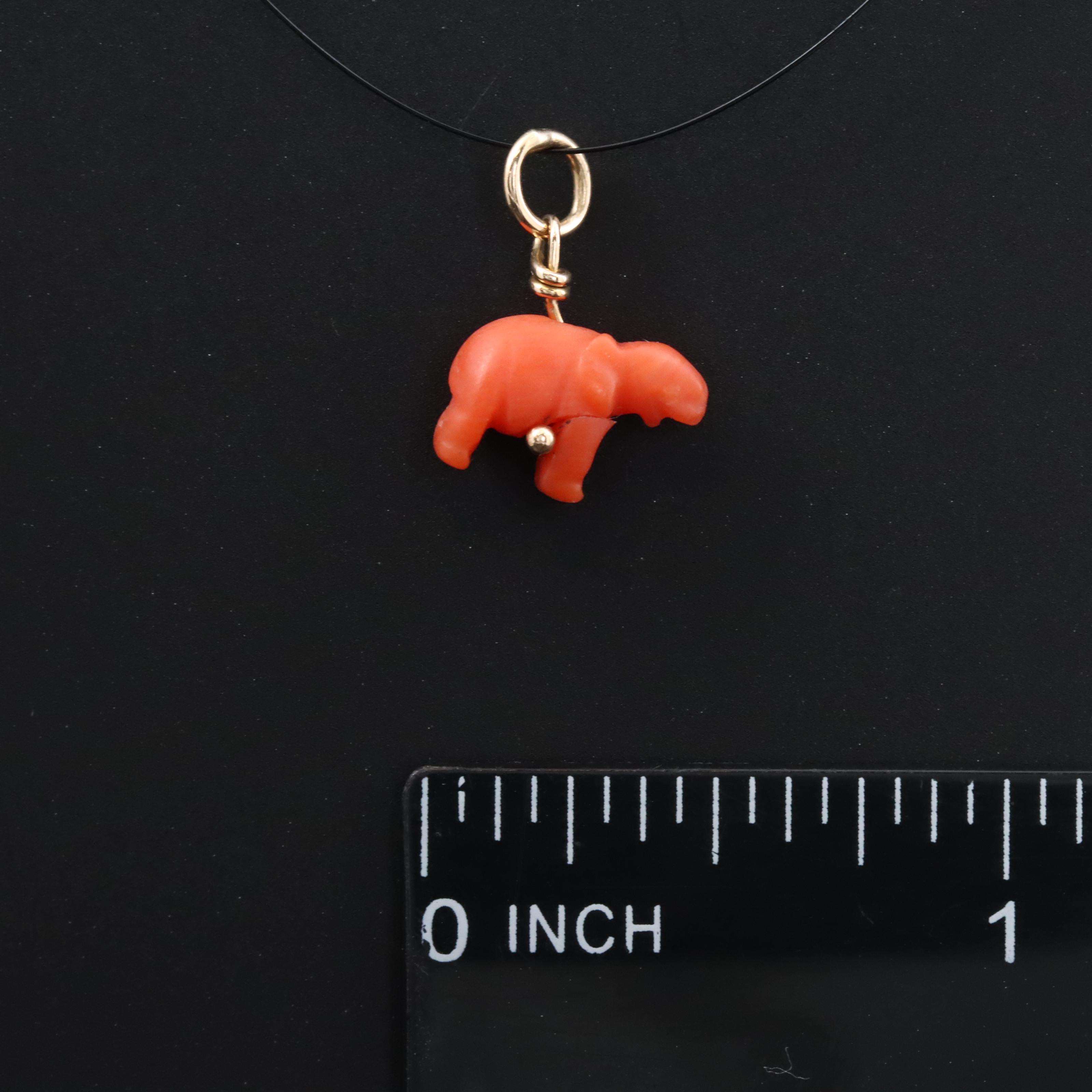 Vintage 10K Carved Coral Elephant Charm Pendant