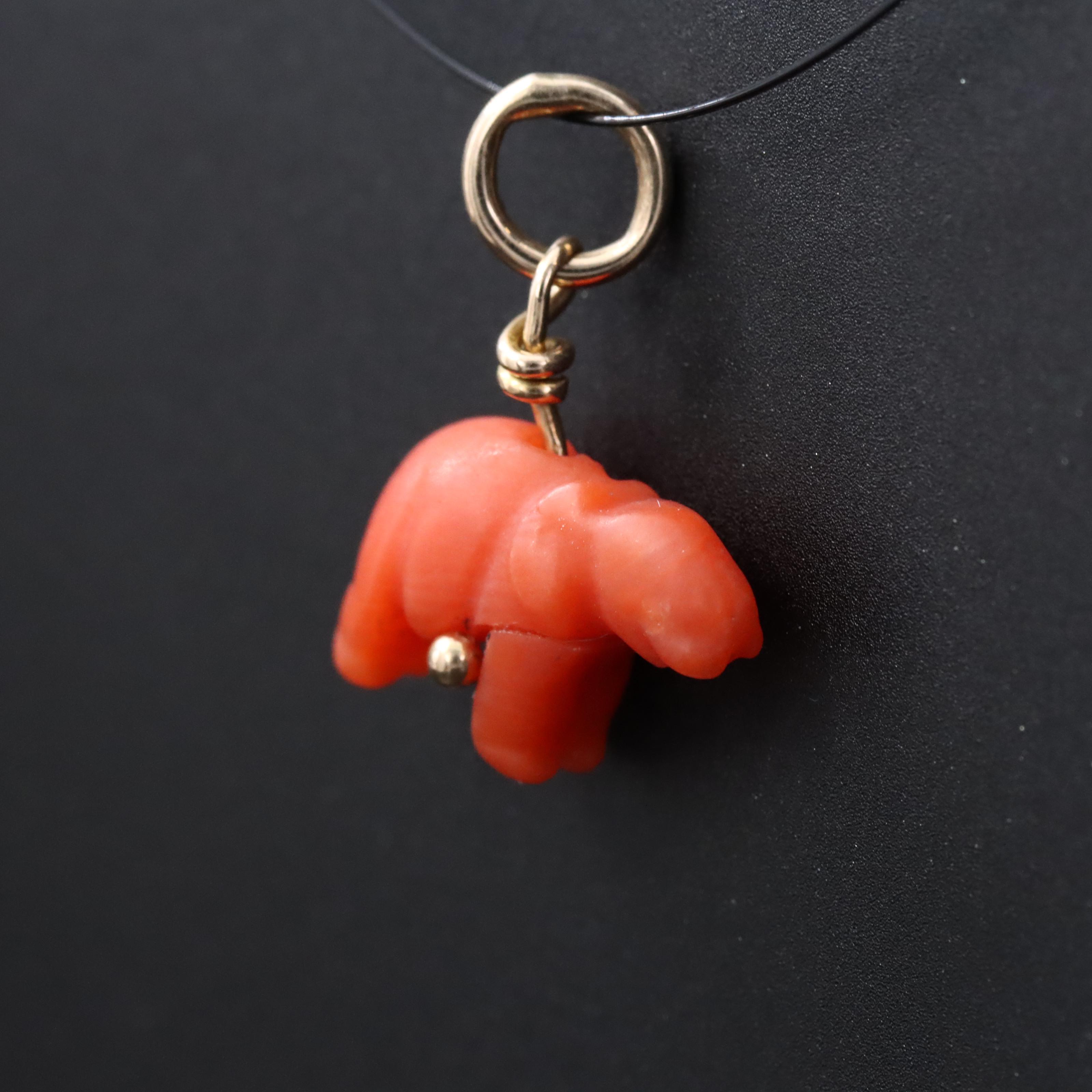 Vintage 10K Carved Coral Elephant Charm Pendant